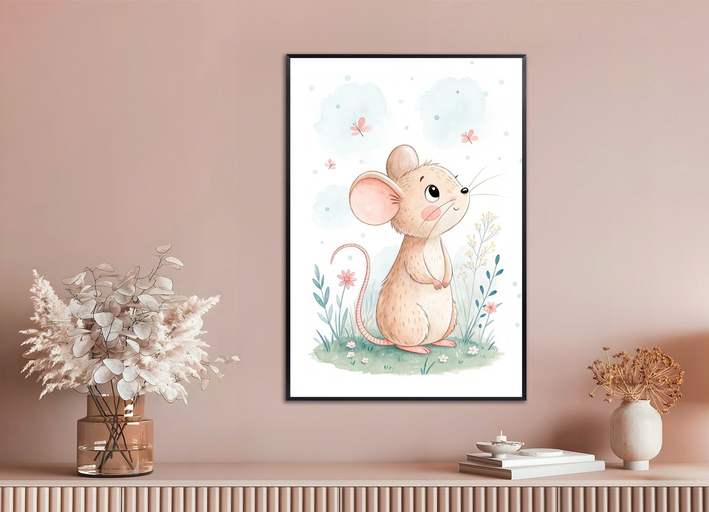 Poster of Mouse Poster - Cute Nursery Wall Art with Flowers, with metal frame