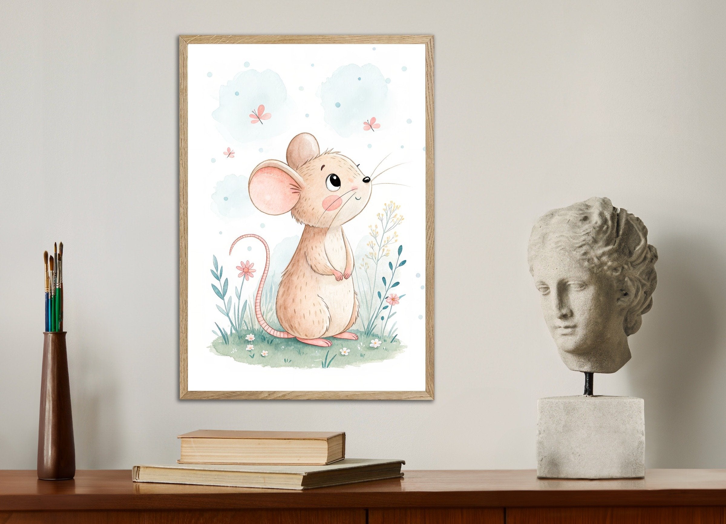 Poster of Mouse Poster - Cute Nursery Wall Art with Flowers, with natural wooden frame