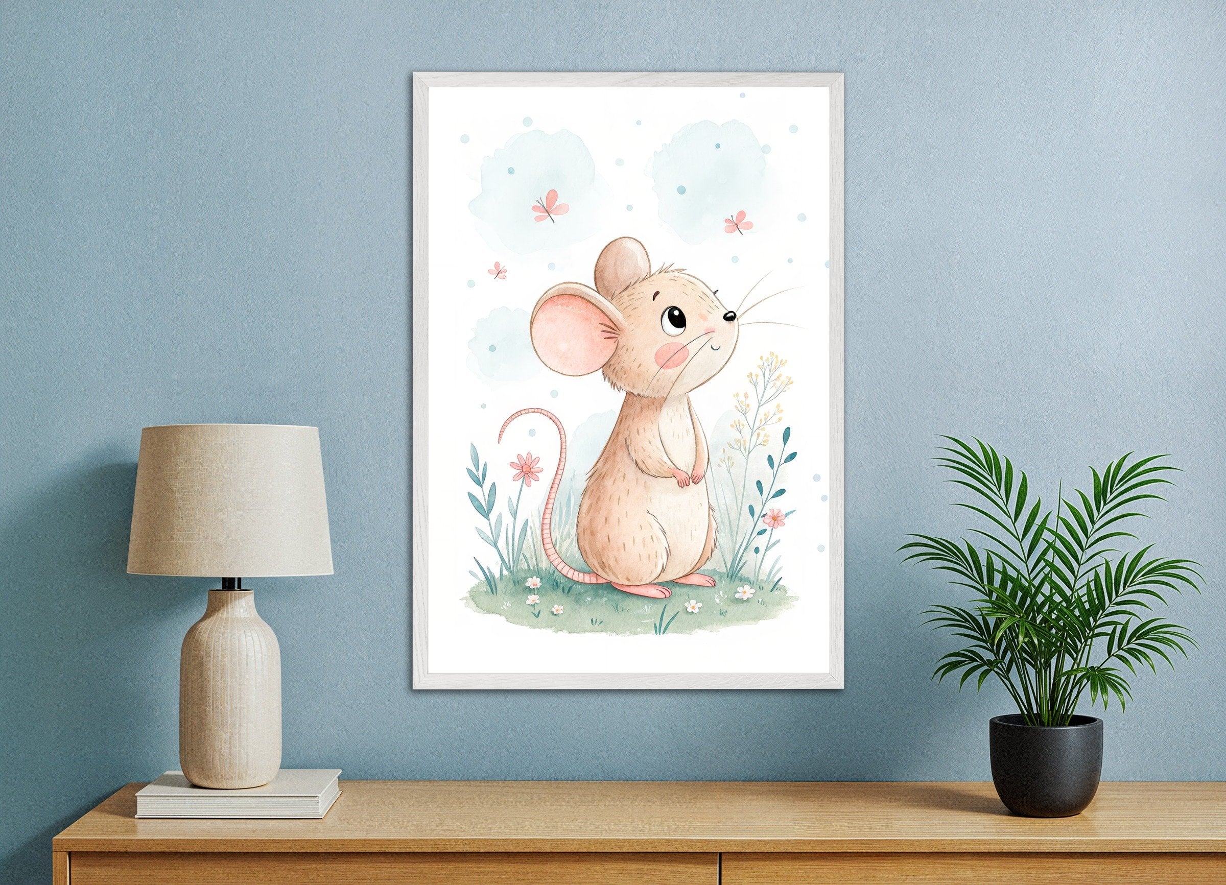 Poster of Mouse Poster - Cute Nursery Wall Art with Flowers, with white wooden frame