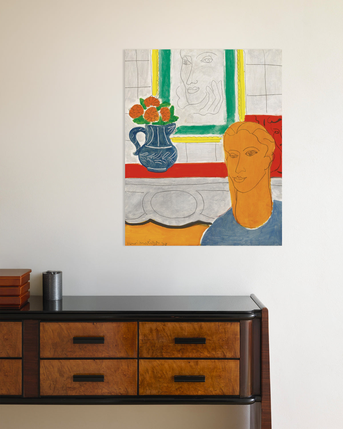 Poster Ockerfarbener Kopf (Figur und Blumenstrauß) (1937) von Henri Matisse