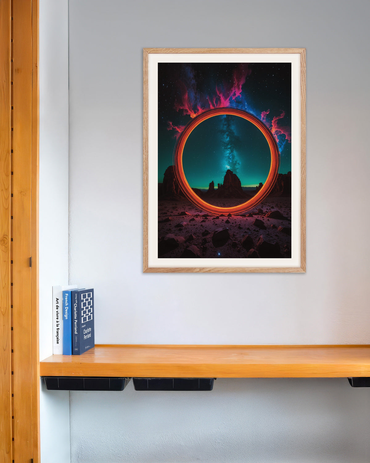 Poster: Fotolabor, leuchtendes Neon, Kreis der Zeit mit naturfarbenem Holzrahmen
