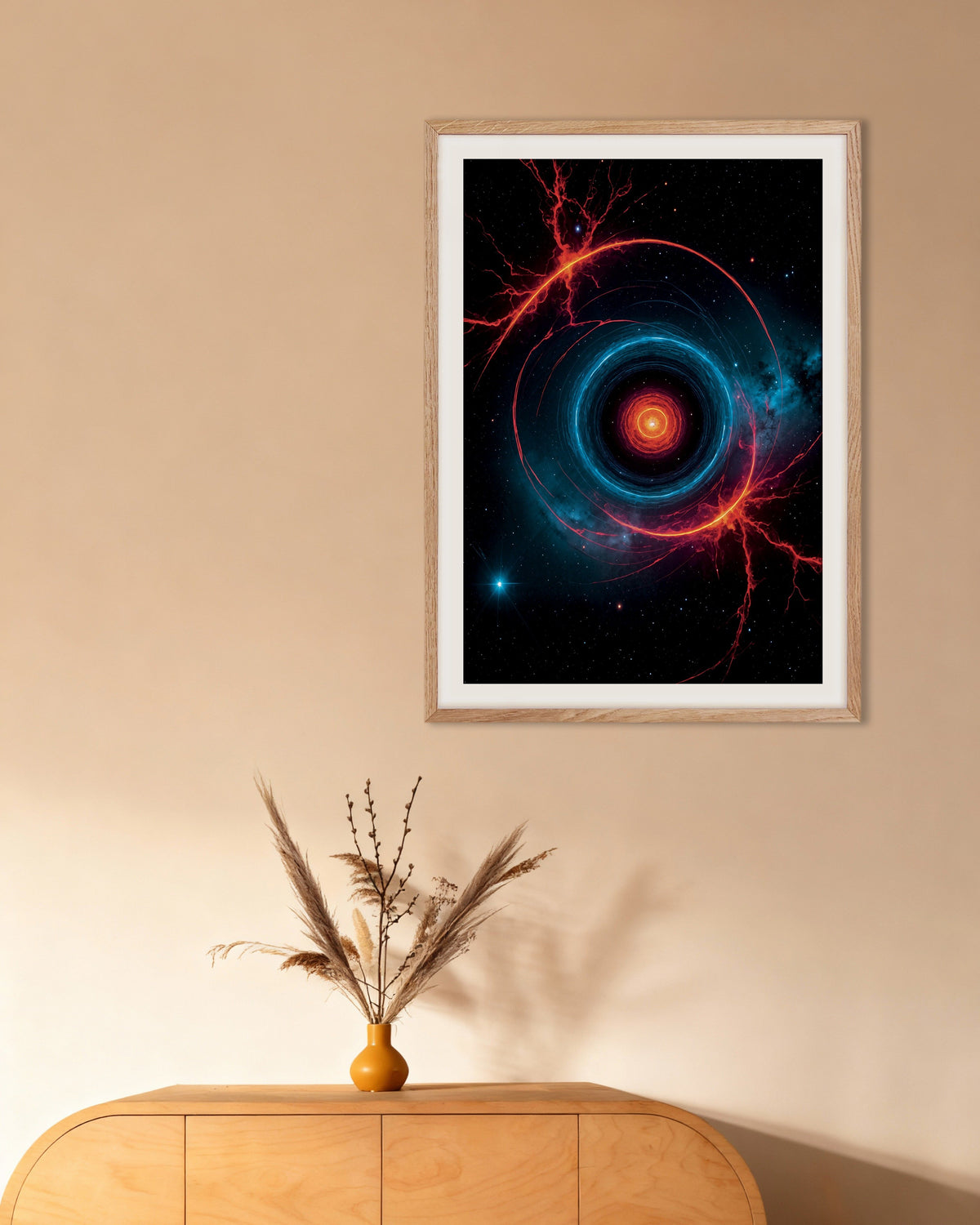 Poster „Fotolabor: leuchtendes Neon, Phänomen im Weltraum“ mit naturbelassenem Holzrahmen