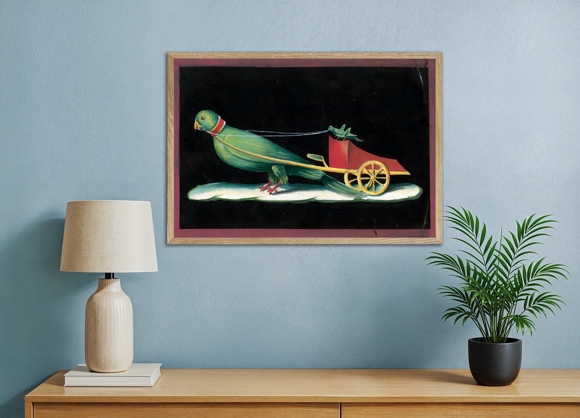 Poster of Pompeii Parrot Chariot Fresco - Ancient Roman Animal Art Print, with natural wooden frame