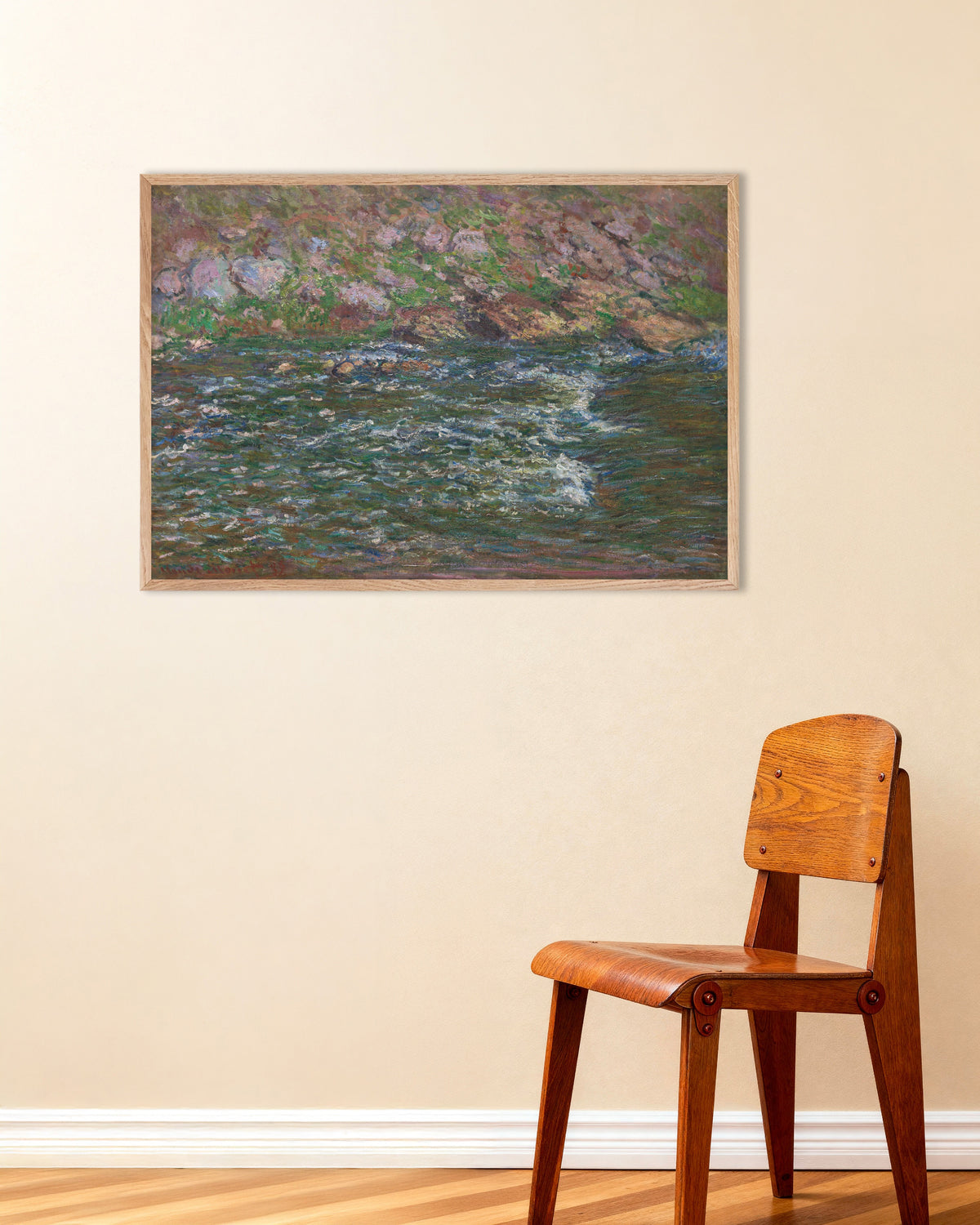 Poster Stromschnellen an der Petite Creuse bei Fresselines (1889) von Claude Monet mit naturfarbenem Holzrahmen