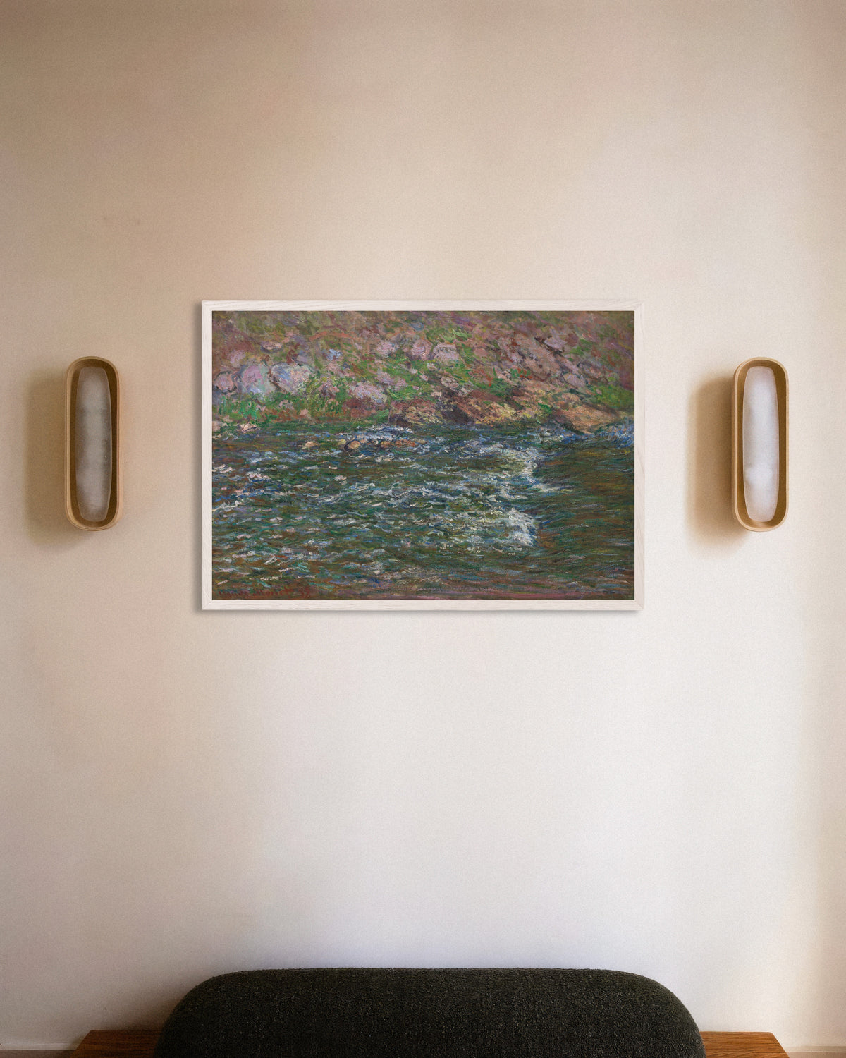 Poster Stromschnellen an der Petite Creuse bei Fresselines (1889) von Claude Monet mit weißem Holzrahmen