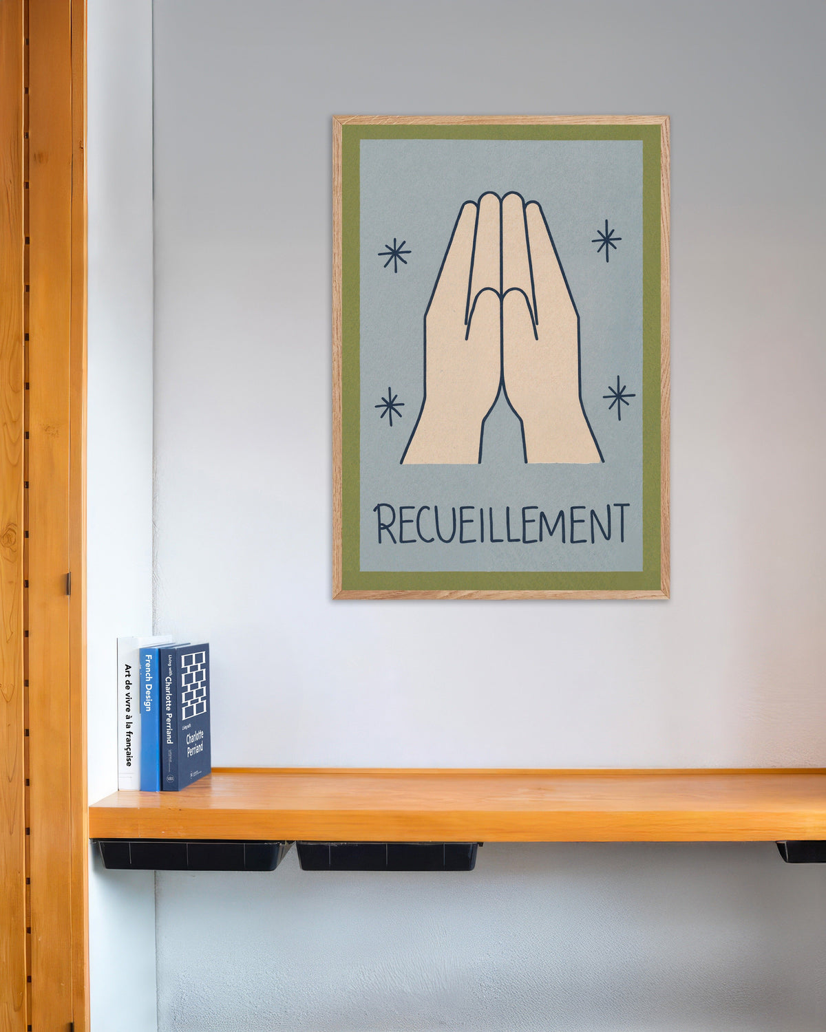 Poster von Besinnung – Minimalistische Linienkunst, mit naturbelassenem Holzrahmen
