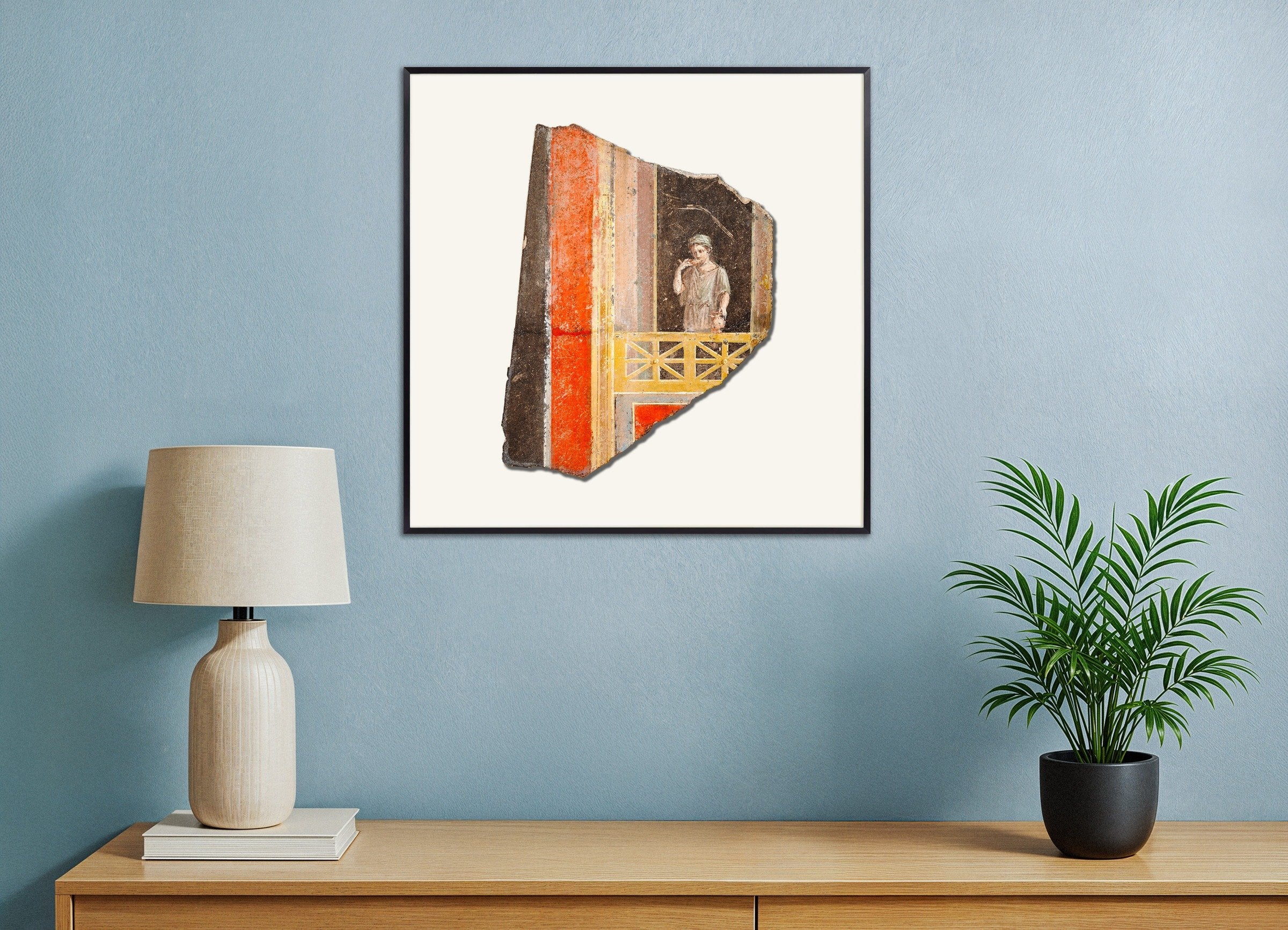 Poster of Roman Fresco Fragment Woman on Balcony - Second Style Wall Painting, with metal frame