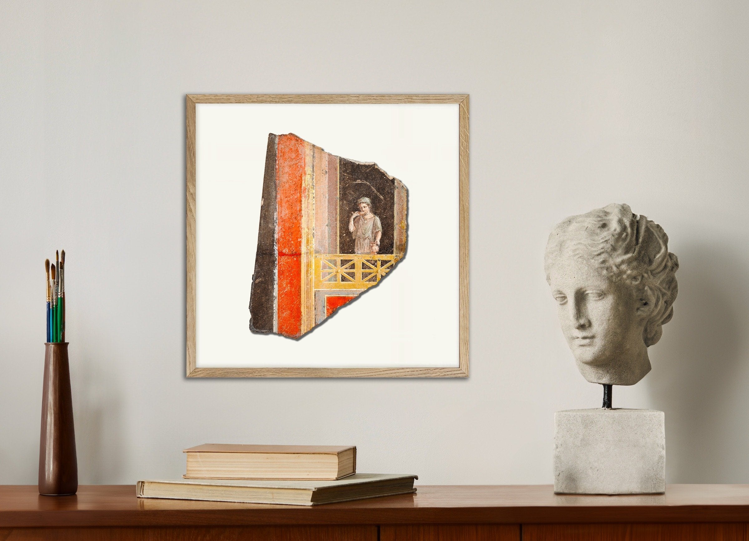 Poster of Roman Fresco Fragment Woman on Balcony - Second Style Wall Painting, with natural wooden frame
