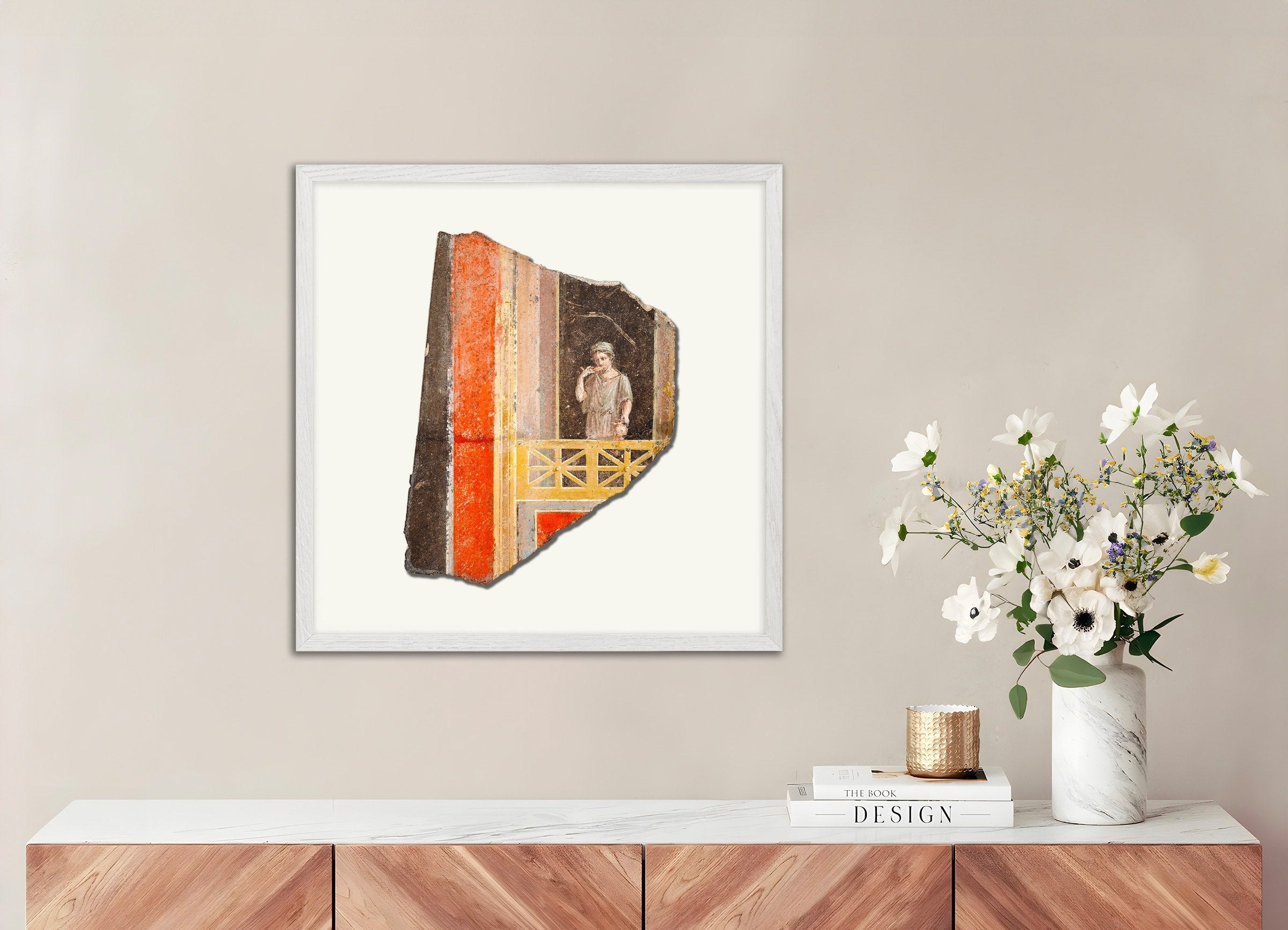 Poster of Roman Fresco Fragment Woman on Balcony - Second Style Wall Painting, with white wooden frame