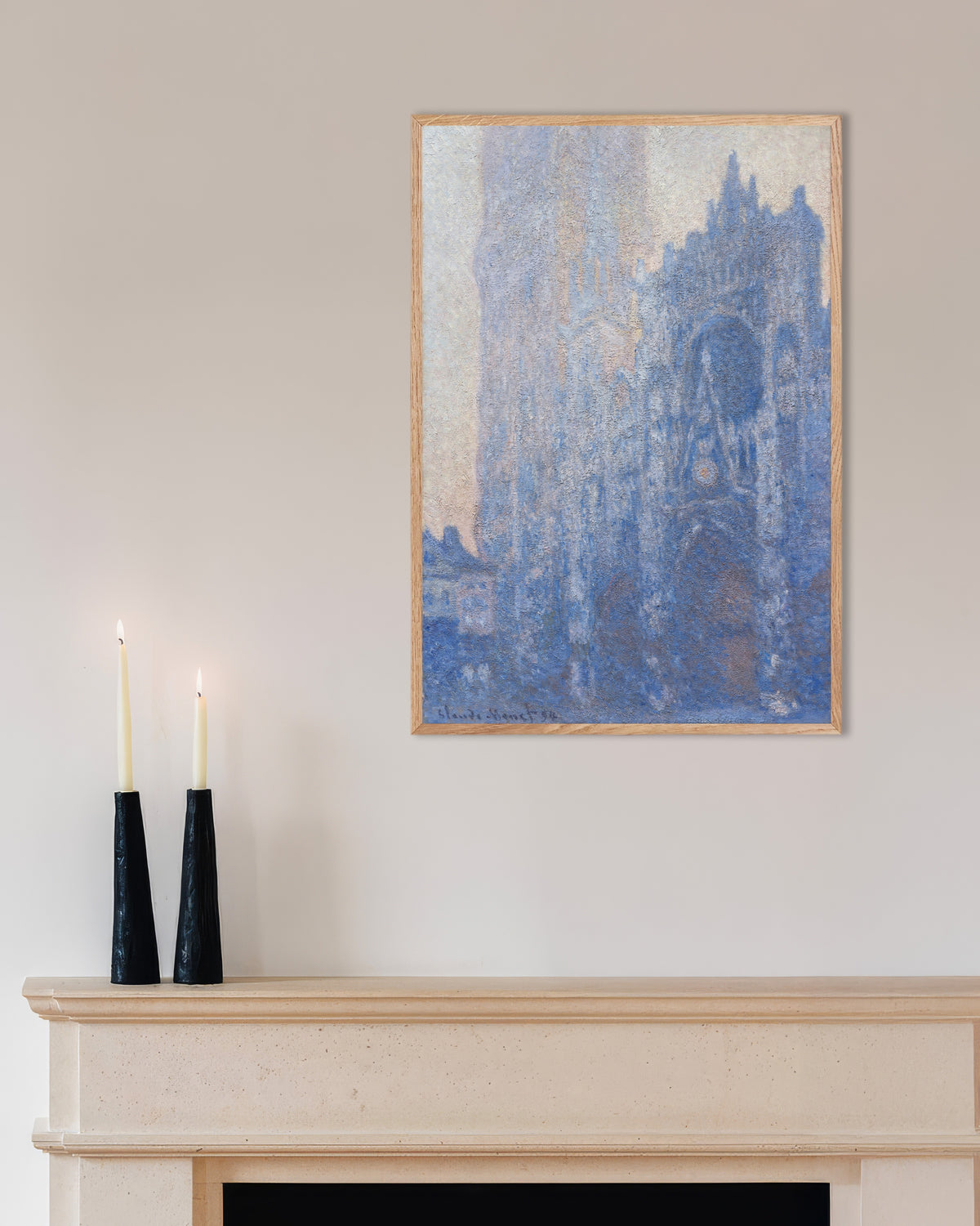 Poster Die Kathedrale von Rouen, Portal und Tour d'Albane, Morgenstimmung (1894) von Claude Monet mit naturfarbenem Holzrahmen
