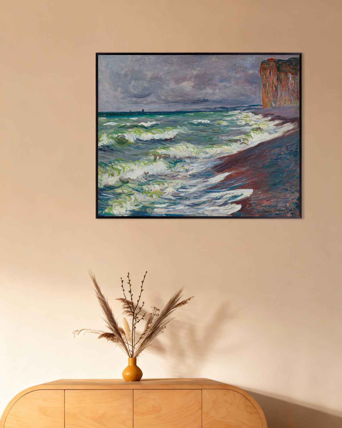 Poster Bewegte See bei Pourville (1882) von Claude Monet mit Metallrahmen