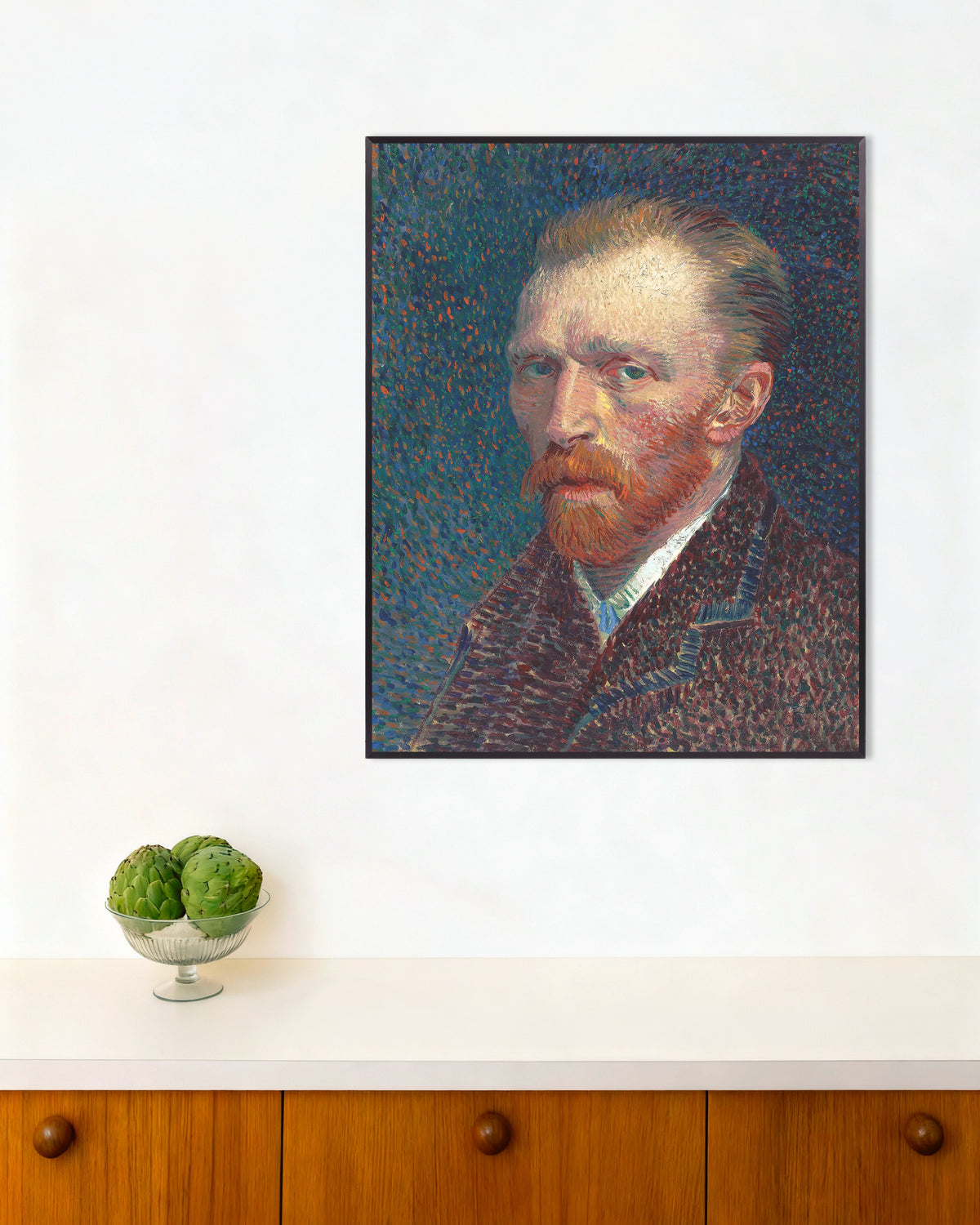 Poster Selbstporträt vor blauem Hintergrund mit Punkten (1887) von Vincent van Gogh, mit Metallrahmen