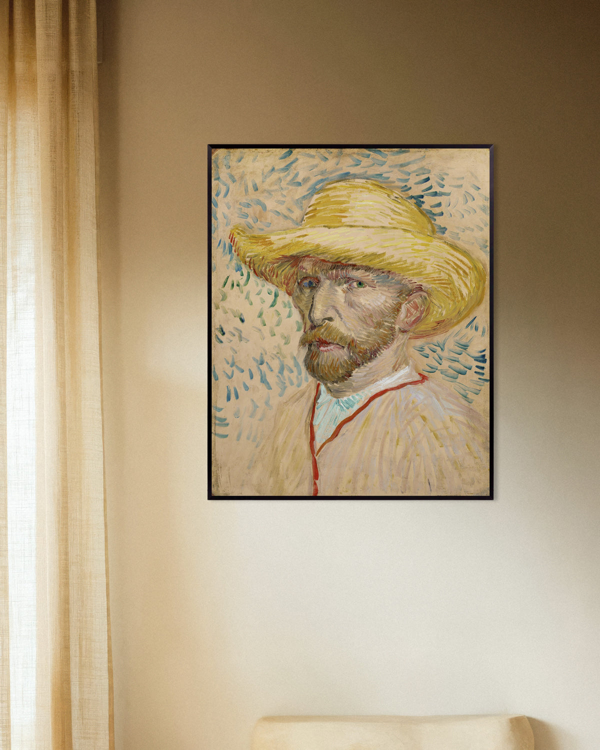 Poster „Selbstporträt mit Strohhut und Malerkittel (1887) von Vincent van Gogh“ mit Metallrahmen