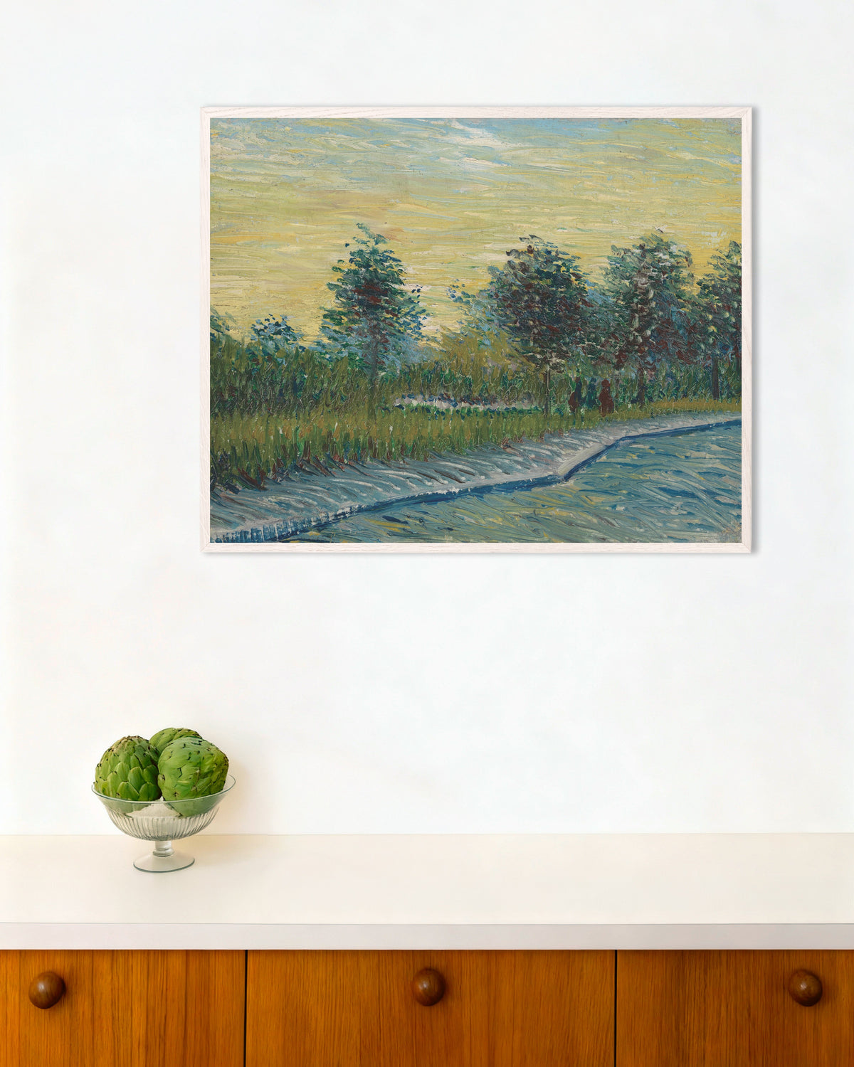 Poster Place Saint-Pierre bei Sonnenuntergang (1887) von Vincent van Gogh, mit weißem Holzrahmen
