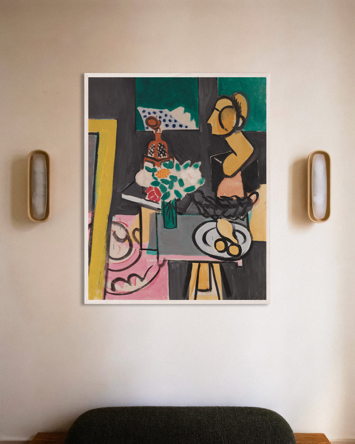 Poster Stillleben mit Kürbissen (1916) von Henri Matisse, mit weißem Holzrahmen