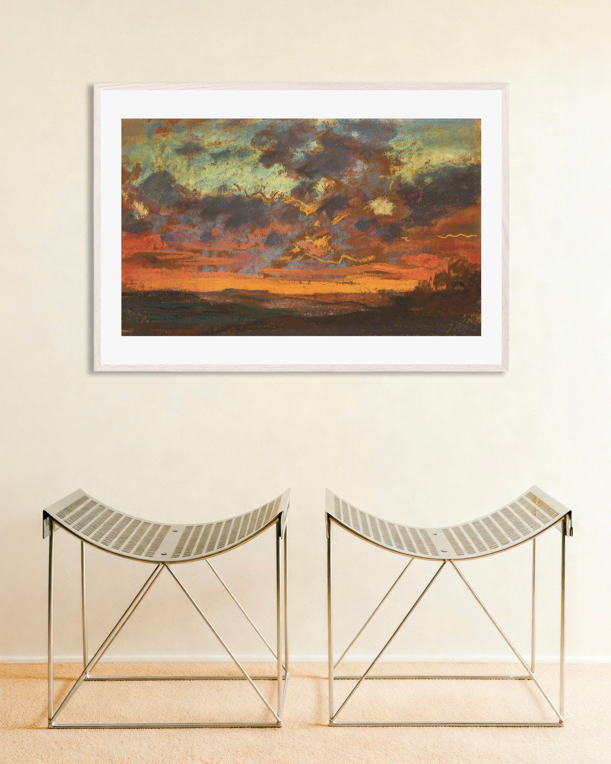 Poster Sonnenuntergang (um 1868) von Claude Monet mit weißem Holzrahmen