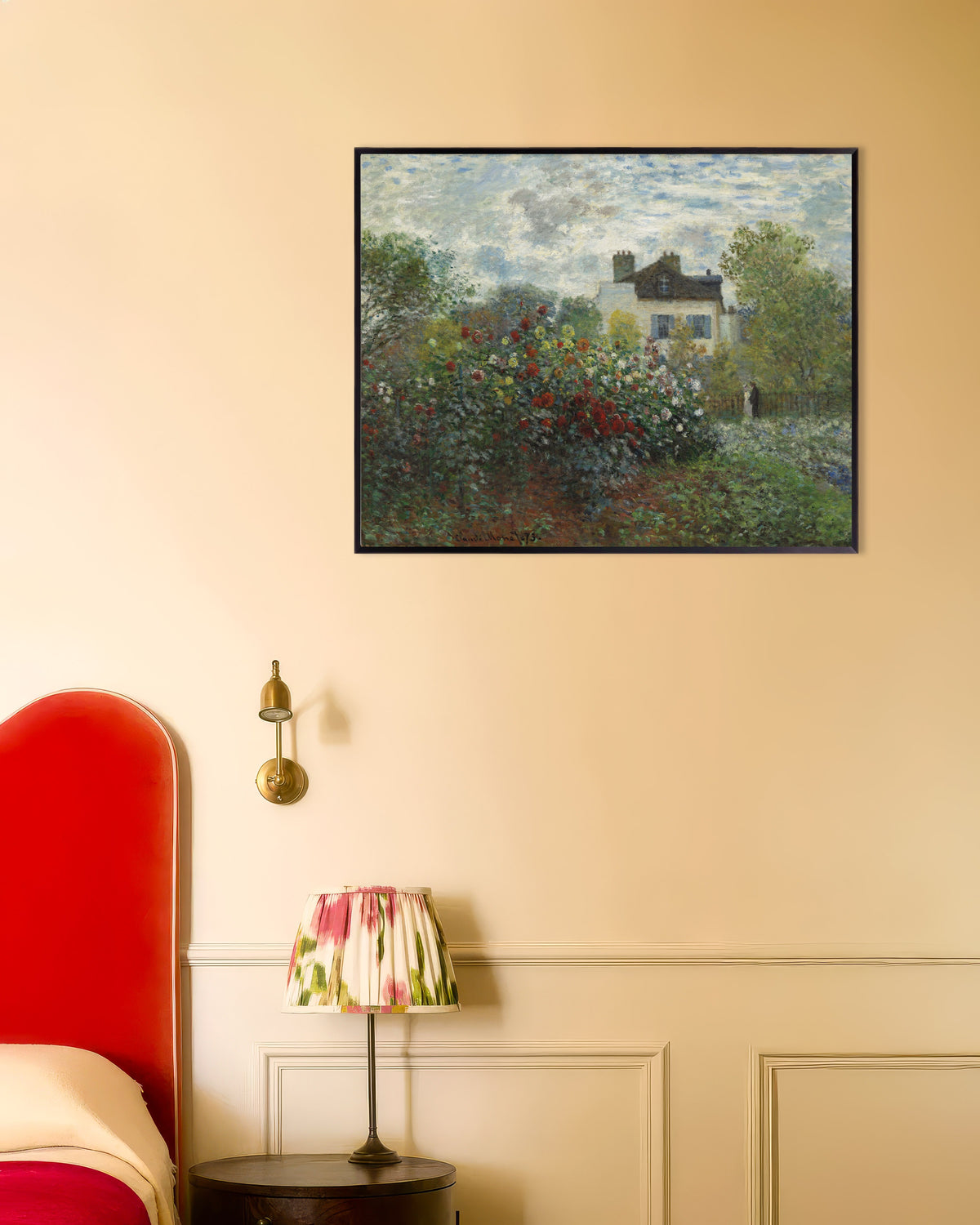 Poster Der Garten des Künstlers in Argenteuil, Gartenecke mit Dahlien (1873) von Claude Monet mit Metallrahmen