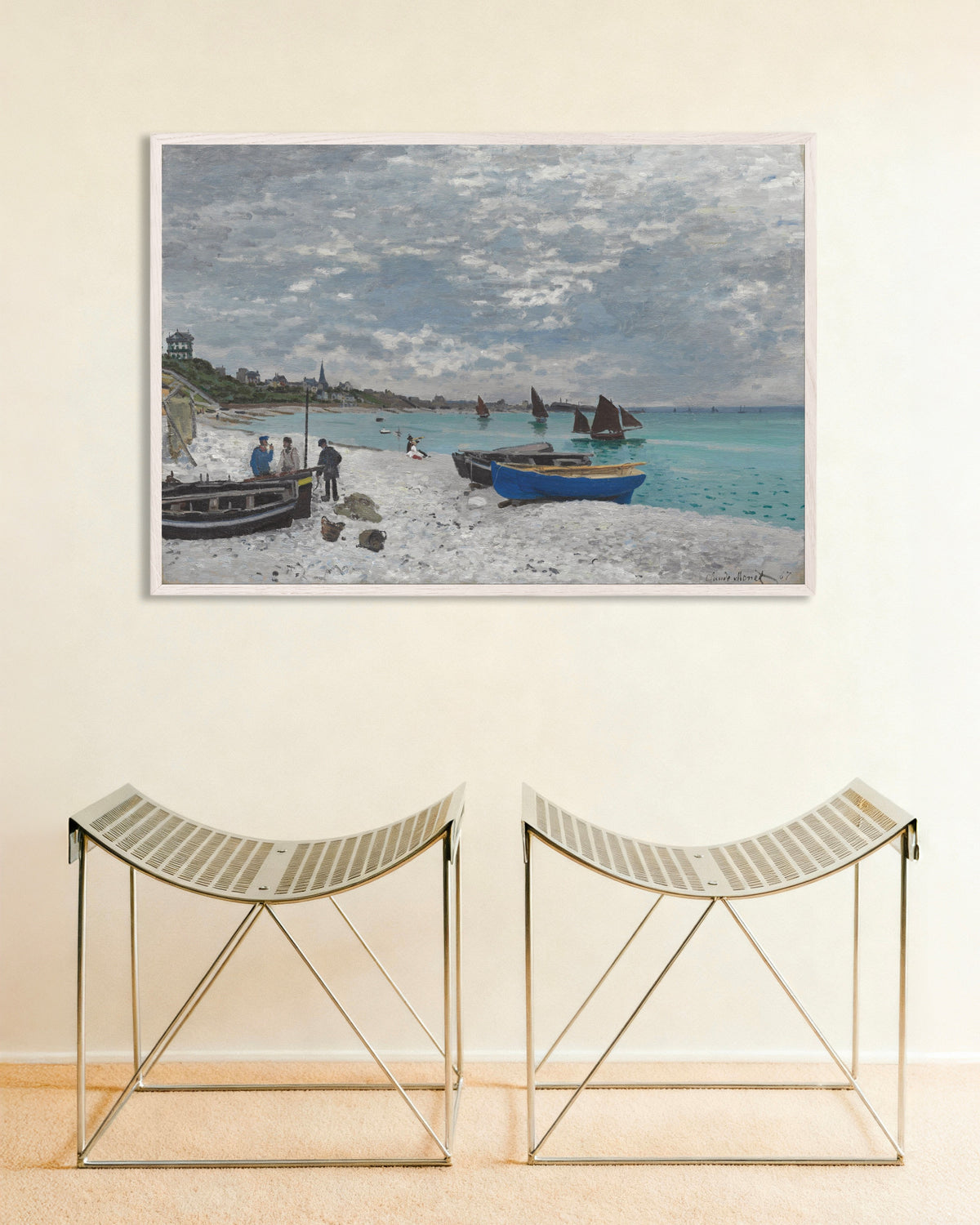 Poster Der Strand von Sainte-Adresse (1867) von Claude Monet mit weißem Holzrahmen