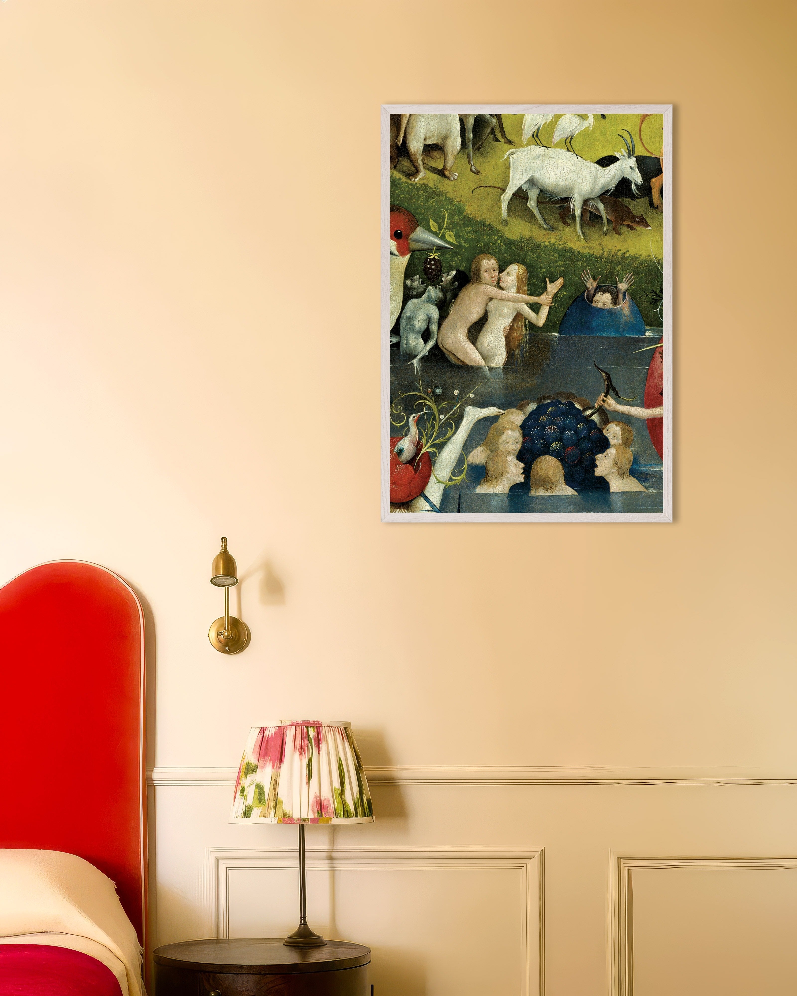 Poster of The giant fruit and bathers - Detail from The Garden of Earthly Delights, with white wooden frame