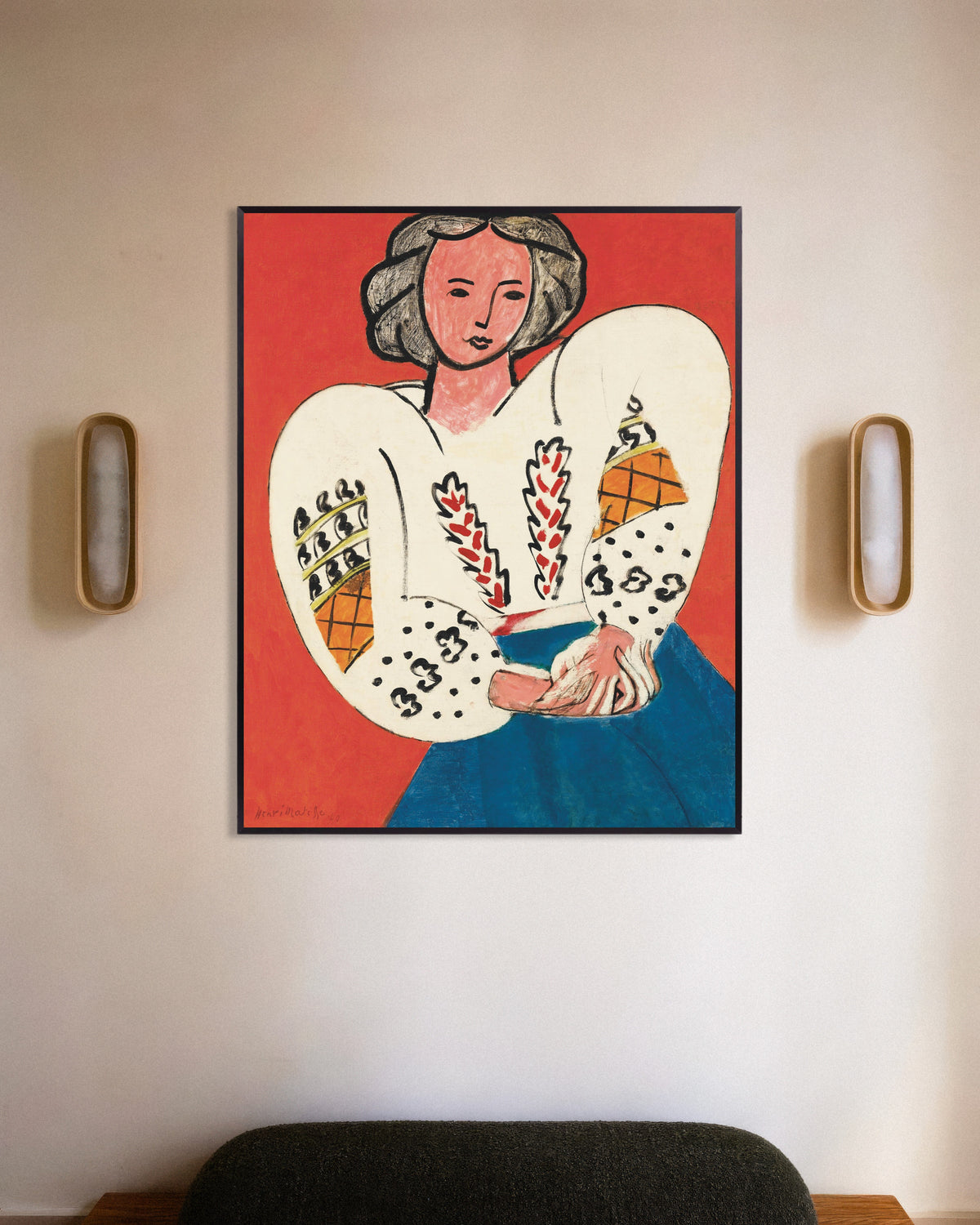 Poster mit Die rumänische Bluse (1940) von Henri Matisse, mit Metallrahmen