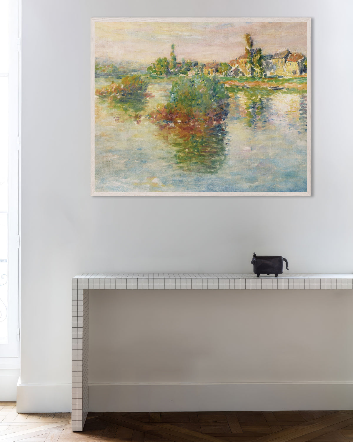 Poster Die Seine bei Lavacourt (1879) von Claude Monet mit weißem Holzrahmen