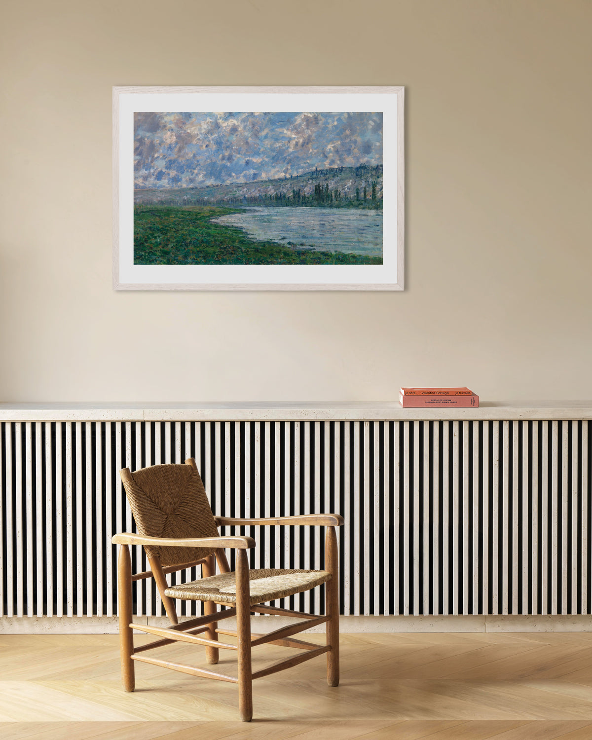 Poster Die Seine bei Vétheuil (1880) von Claude Monet mit weißem Holzrahmen