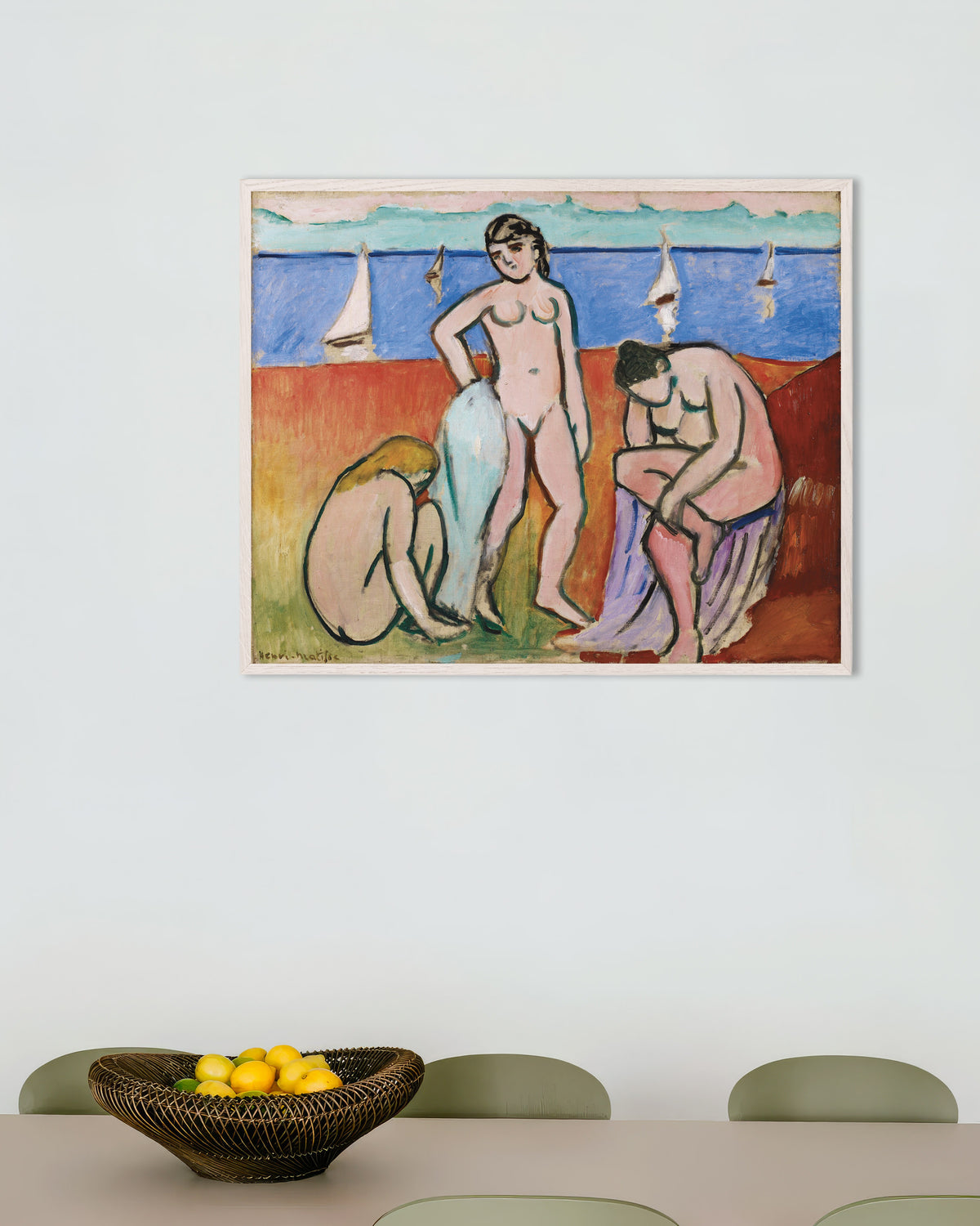 Poster Drei Badende (1907) von Henri Matisse, mit weißem Holzrahmen