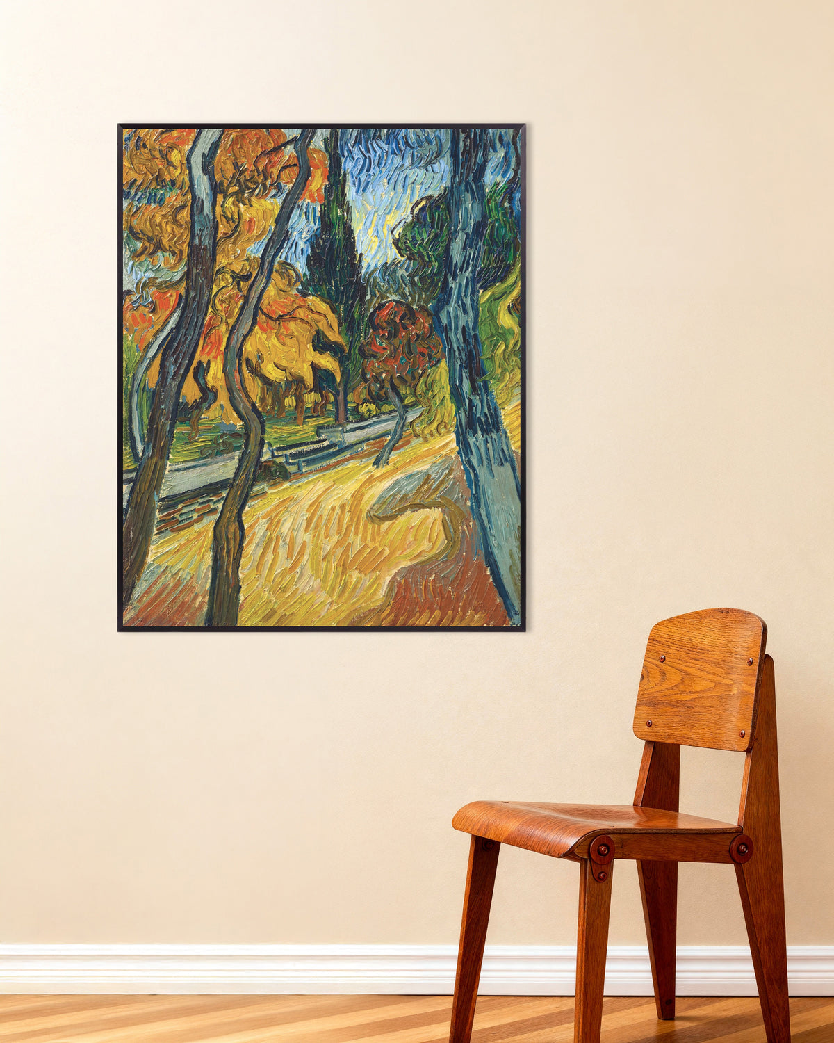 Poster mit dem Kunstwerk „Bäume im Garten der Heilanstalt (1889) von Vincent van Gogh“, mit Metallrahmen