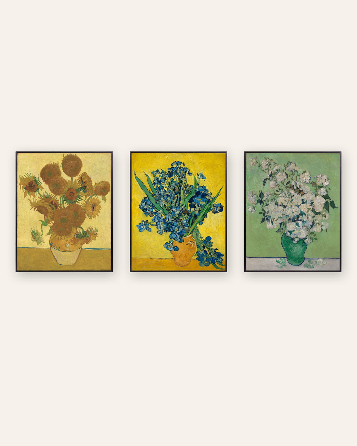 Van Gogh Blumen Poster 3er-Set: Sonnenblumen, Schwertlilien und Rosen, in schwarzen Metallrahmen