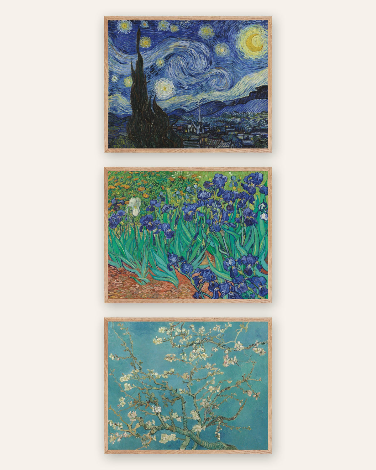 Van Gogh Poster 3er-Set: Die Sternennacht, Schwertlilien und Mandelblüte, in Rahmen aus Natureiche