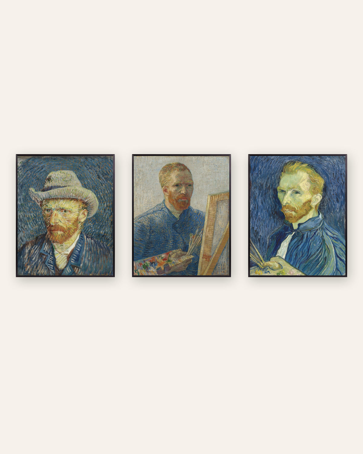 Van Gogh Selbstbildnis Poster 3er-Set: von Paris nach Saint-Rémy, in schwarzen Metallrahmen