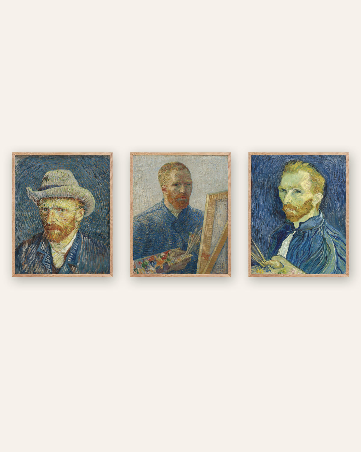 Van Gogh Selbstbildnis Poster 3er-Set: von Paris nach Saint-Rémy, in Rahmen aus Natureiche