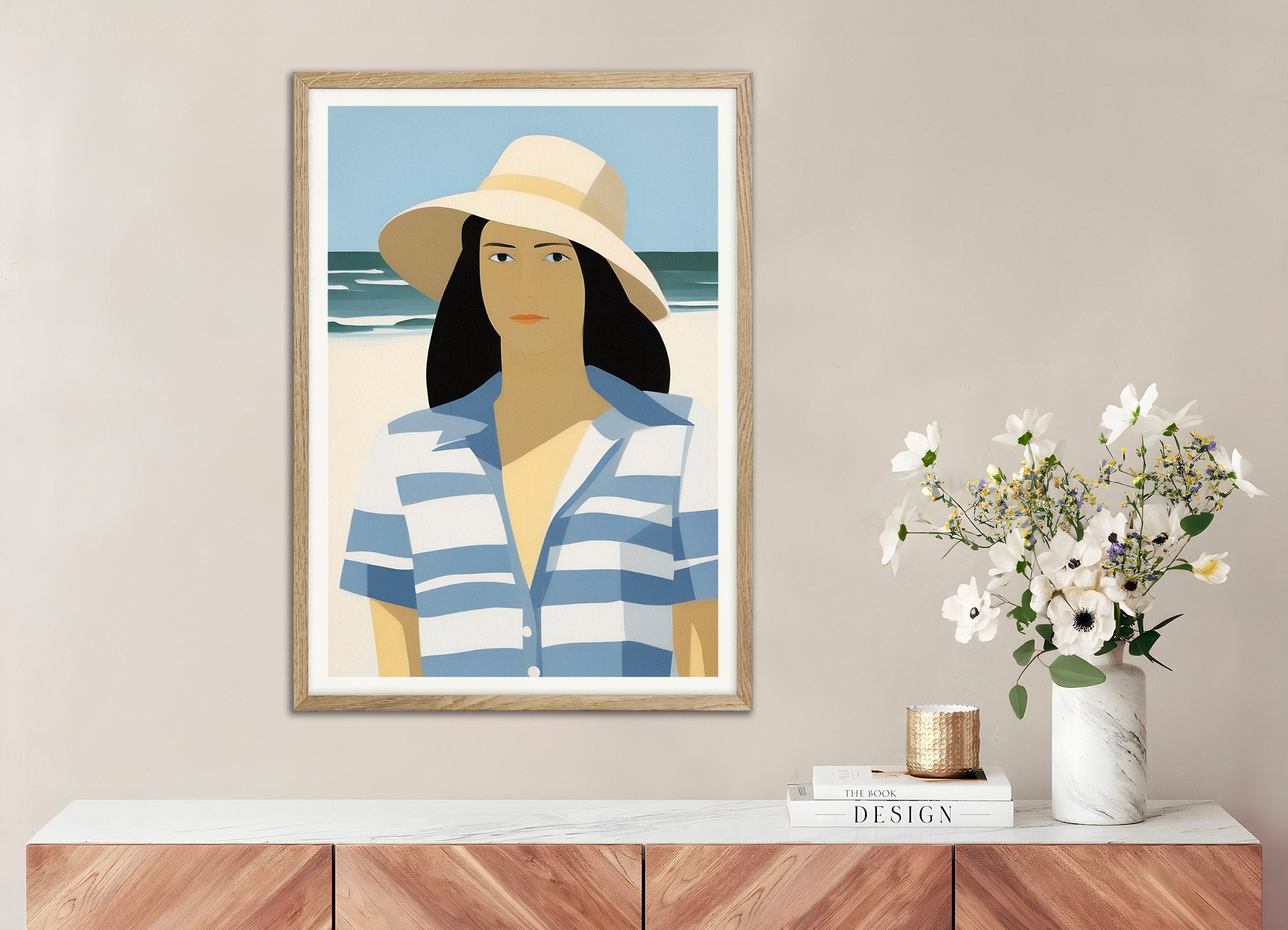 Poster of Vi and Her Hat - Beach Portrait Art Print, with natural wooden frame