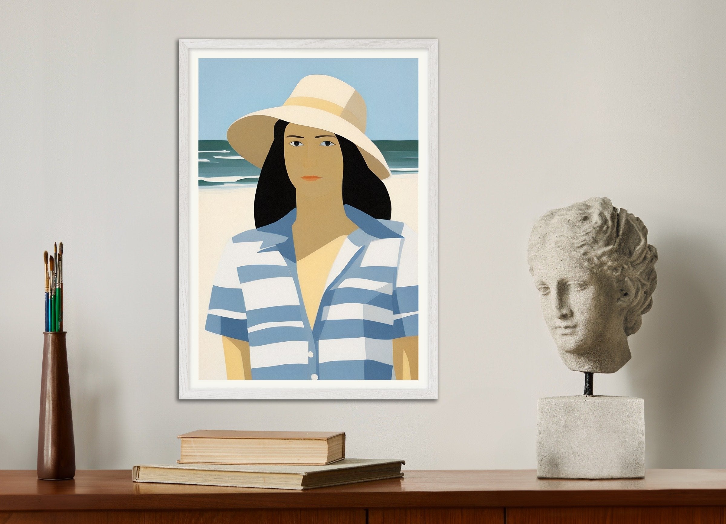 Poster of Vi and Her Hat - Beach Portrait Art Print, with white wooden frame