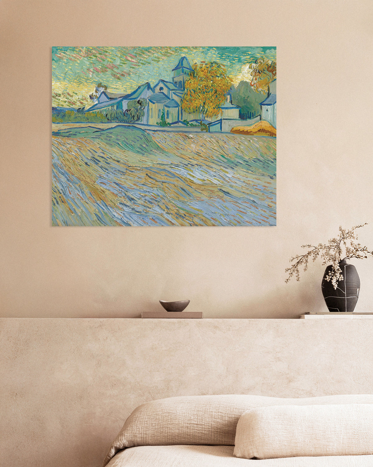 Poster von Blick auf die Anstalt und die Kapelle in Saint-Rémy (1889) von Vincent van Gogh