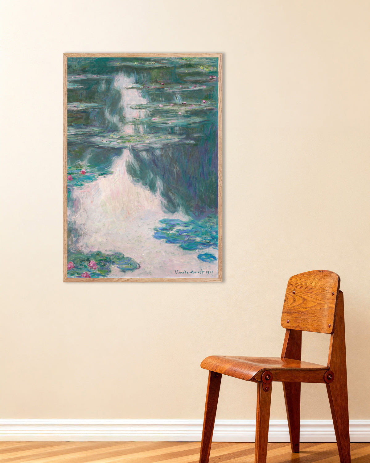 Poster Seerosen, trübes Wetter (1907) von Claude Monet mit naturfarbenem Holzrahmen