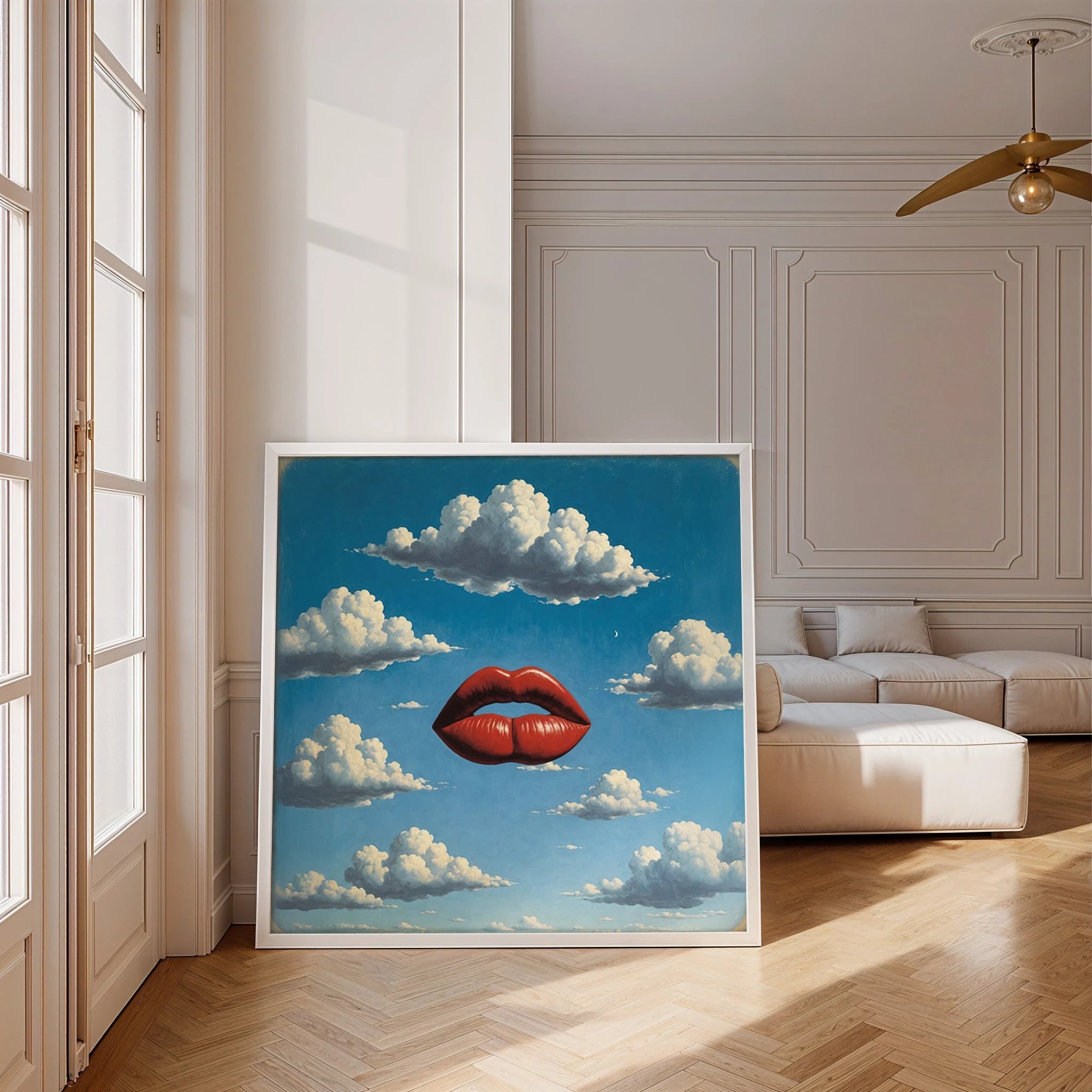 Poster of lips in the sky, displayed in a cozy apartment.
