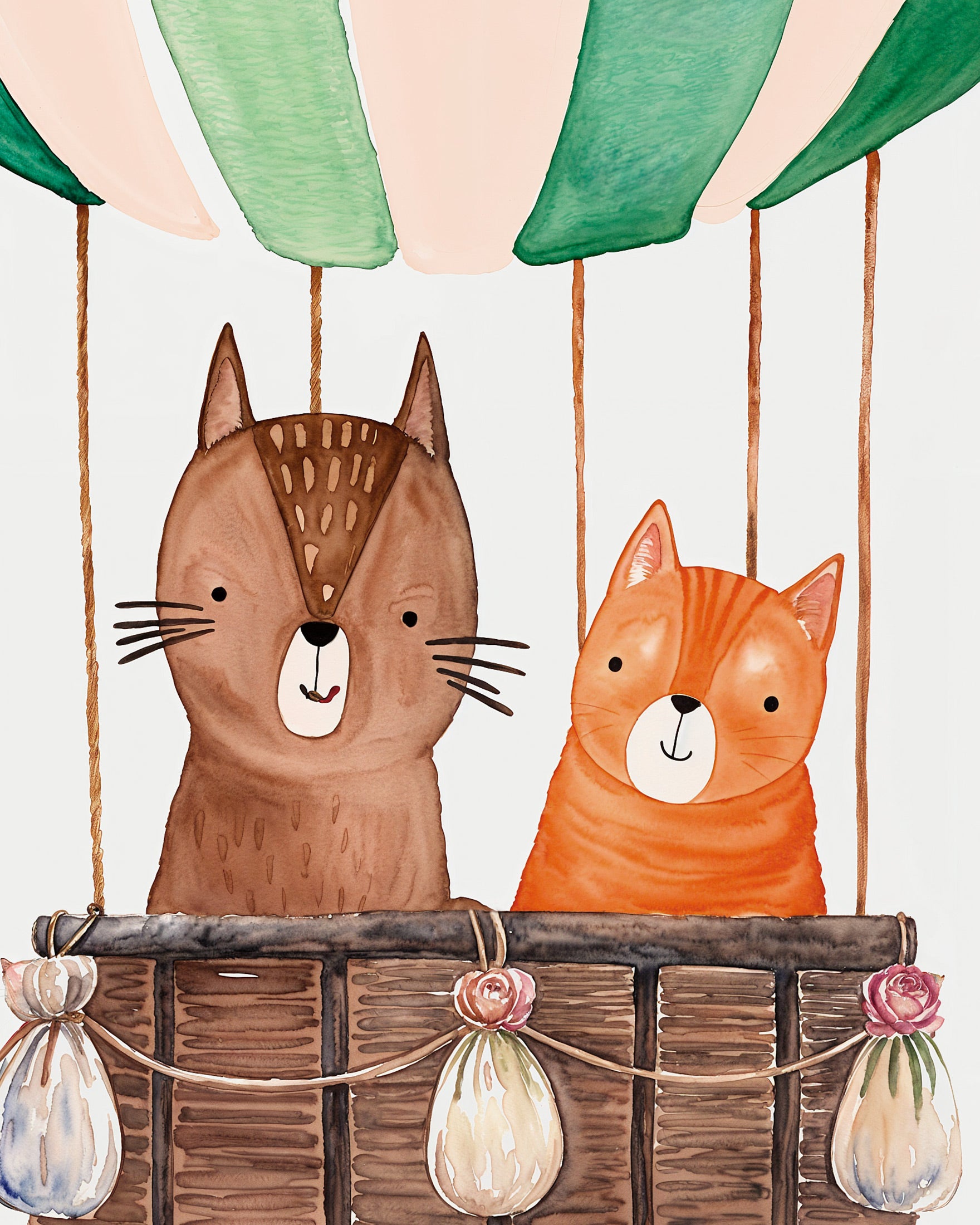 Zwei Katzen reisen in einem Heißluftballon - Wandbild
