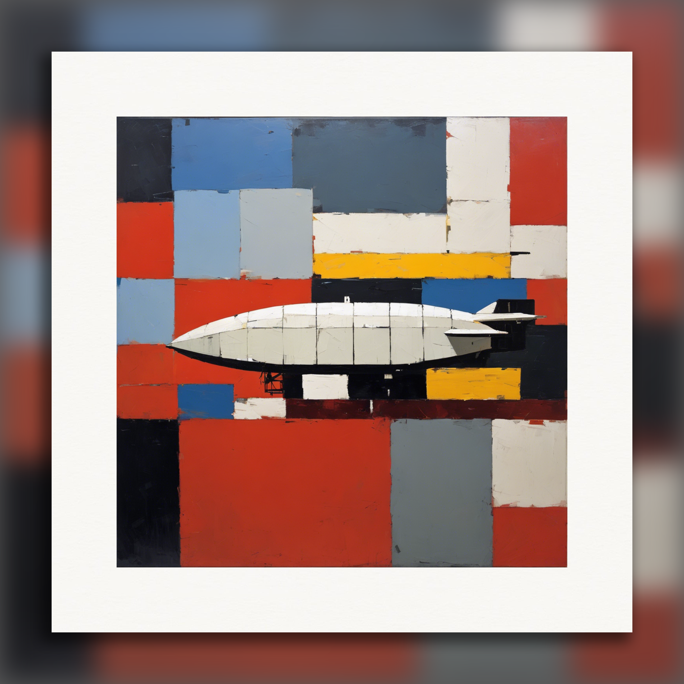 Figurative Abstraktion, dicke und strukturierte geometrische Formen, ein Zeppelin - Poster
