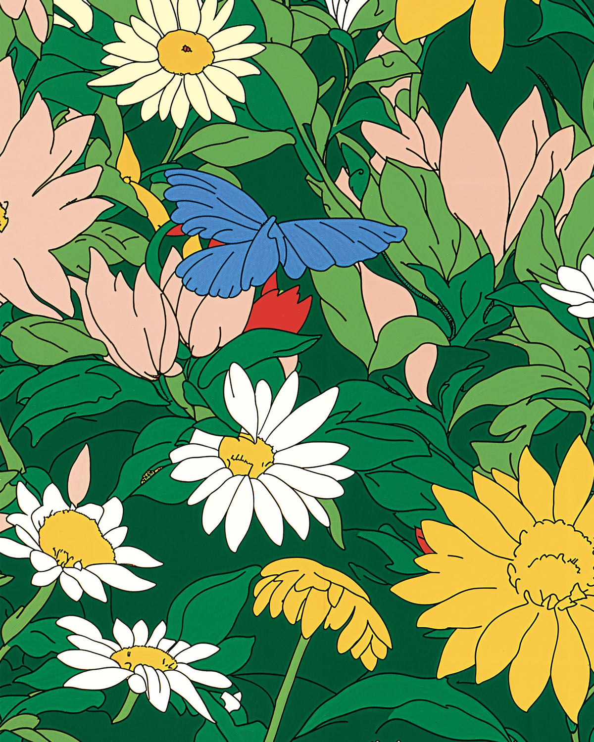 Buntes florales Muster mit weißen und gelben Gänseblümchen, rosa Blumen, grünen Blättern und einem blauen Schmetterling auf dunkelgrünem Hintergrund.