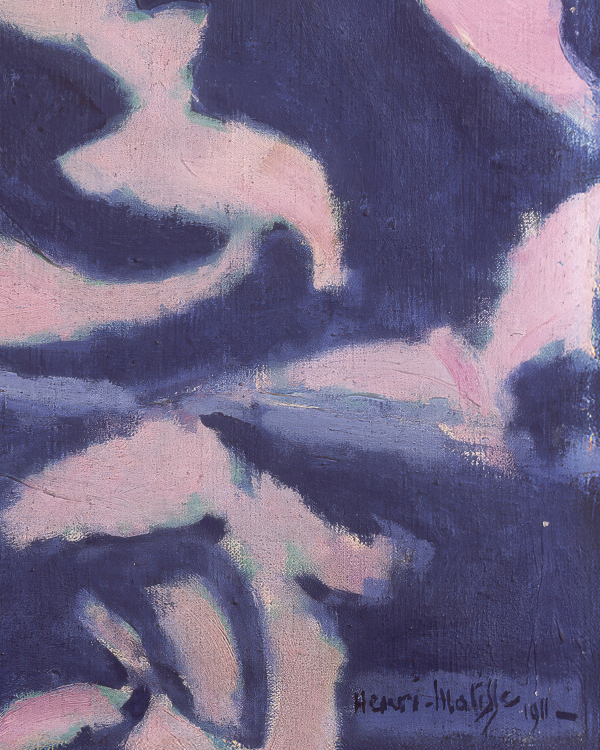 Ein Gemälde von Henri Matisse aus dem Jahr 1911 mit ausdrucksstarken Pinselstrichen in tiefem Marineblau und zartem Rosa. Unten rechts befinden sich die Signatur des Künstlers und die Jahreszahl „1911“.