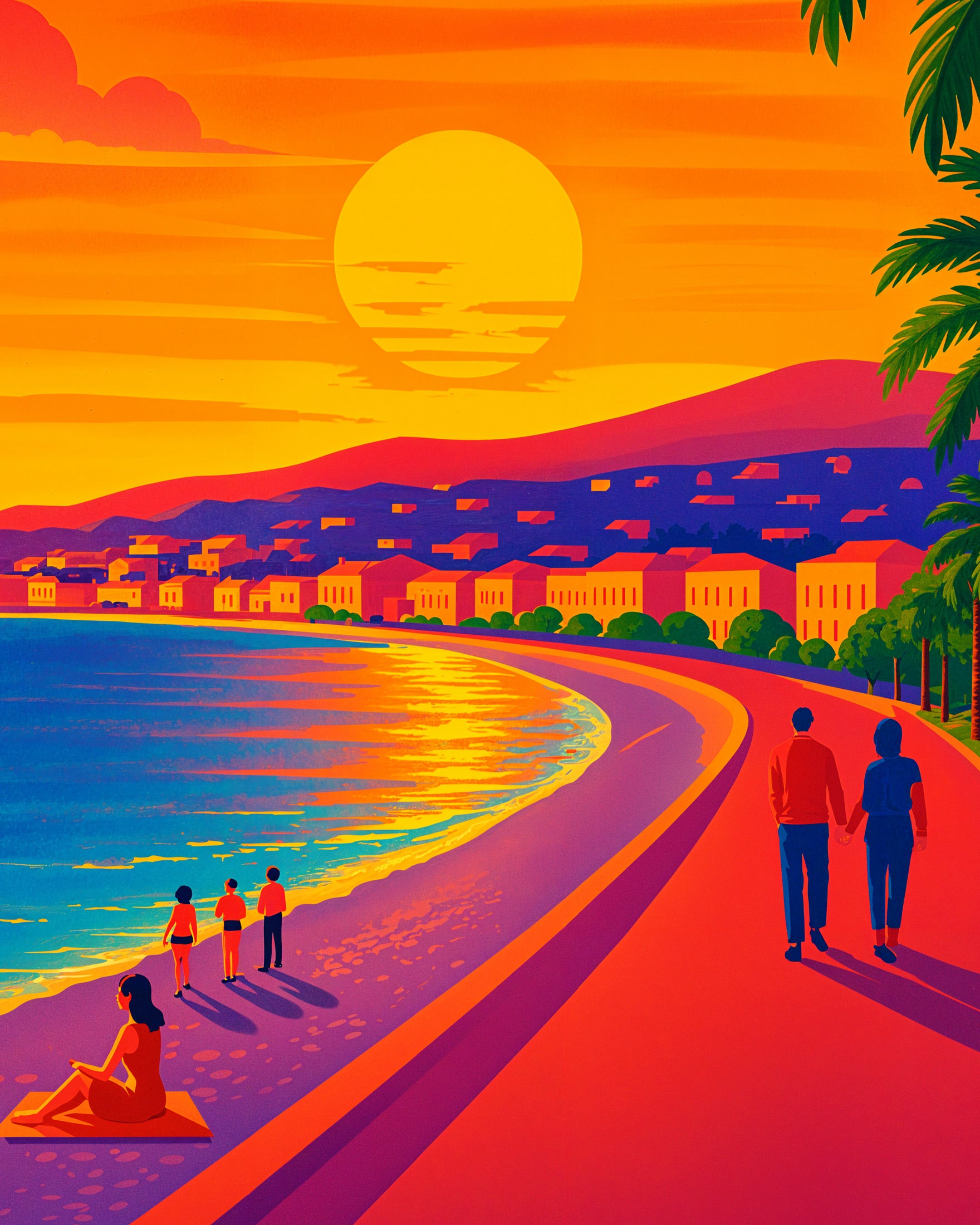 Sonnenuntergangsspaziergang in Nizza, Frankreich – Promenade des Anglais Poster