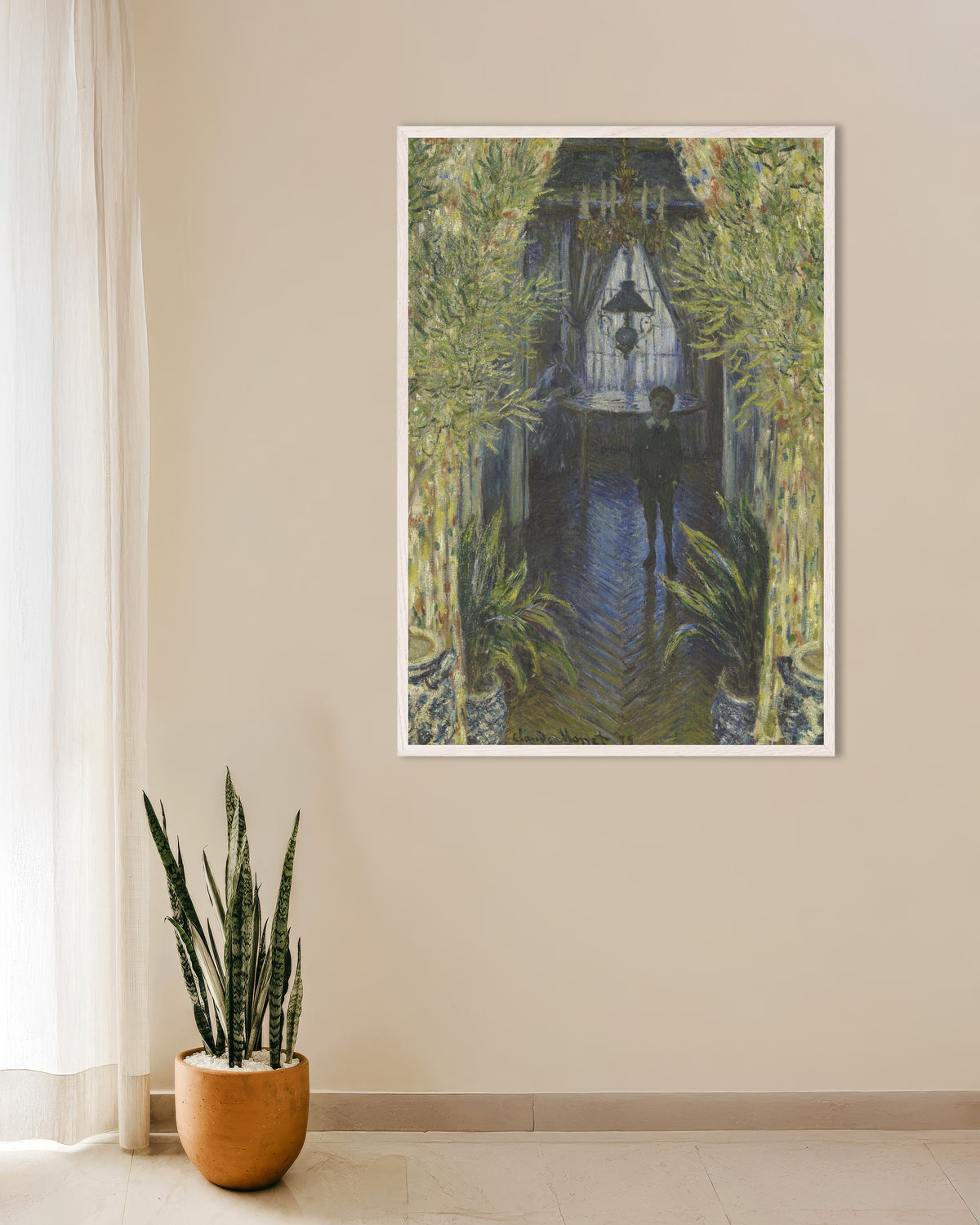 Poster Eine Ecke der Wohnung (1875) von Claude Monet mit weißem Holzrahmen