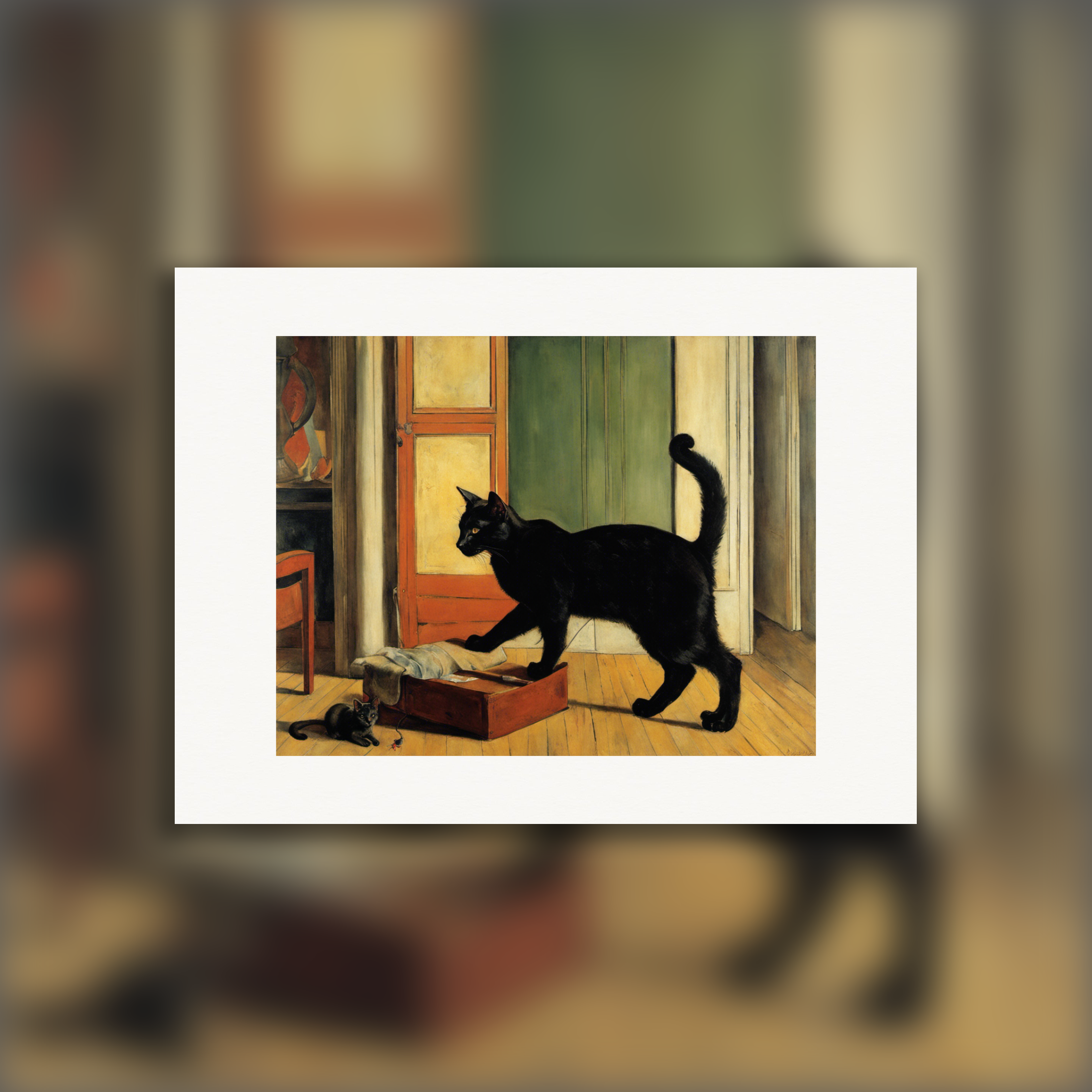 Französische figurative Malerei, eine Katze - Poster