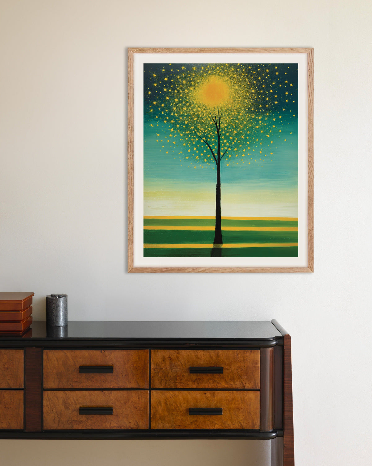 Poster Magischer Baum – Poster im Stil des abstrakten Expressionismus, mit naturbelassenem Holzrahmen