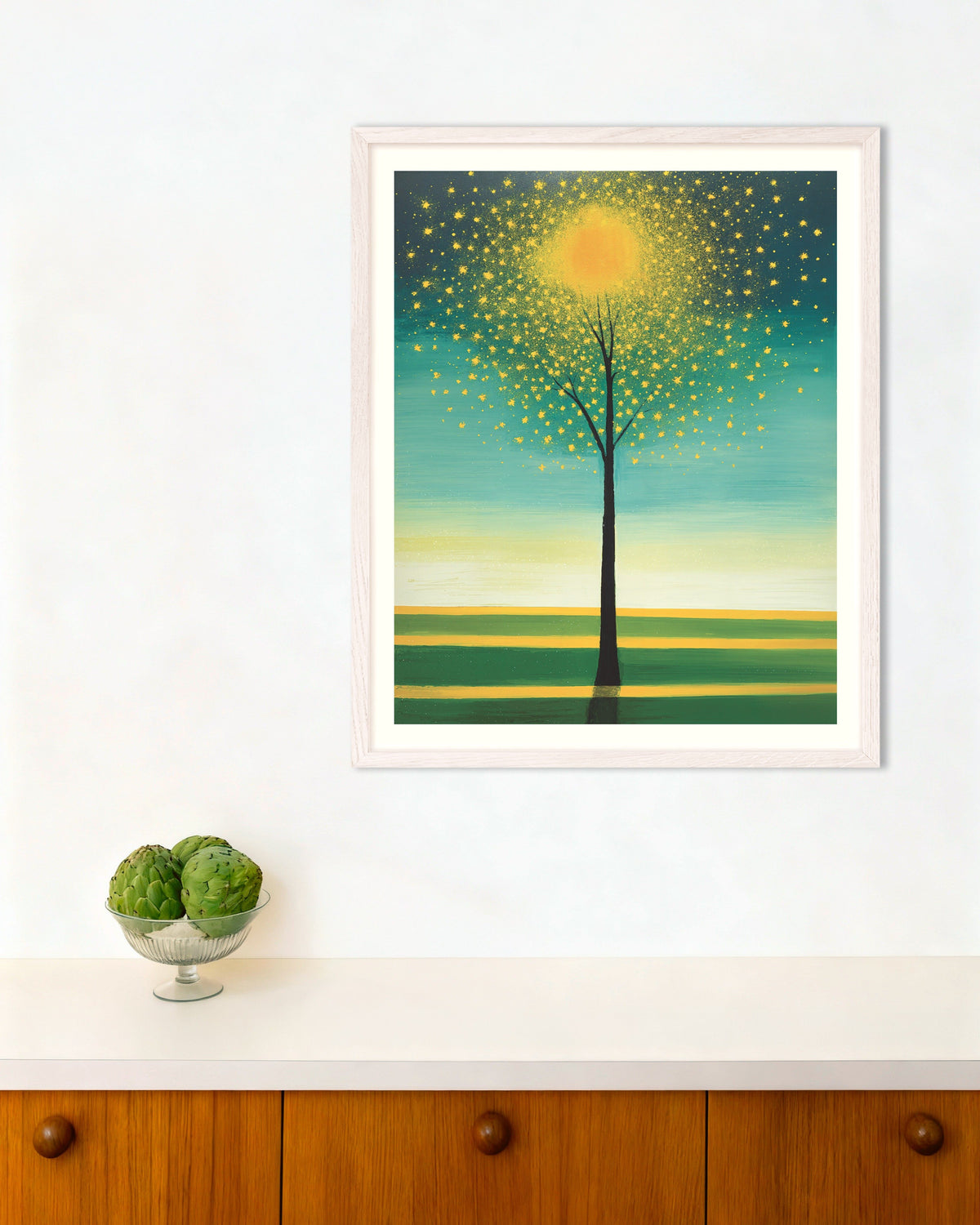 Poster Magischer Baum – Poster im Stil des abstrakten Expressionismus, mit weißem Holzrahmen