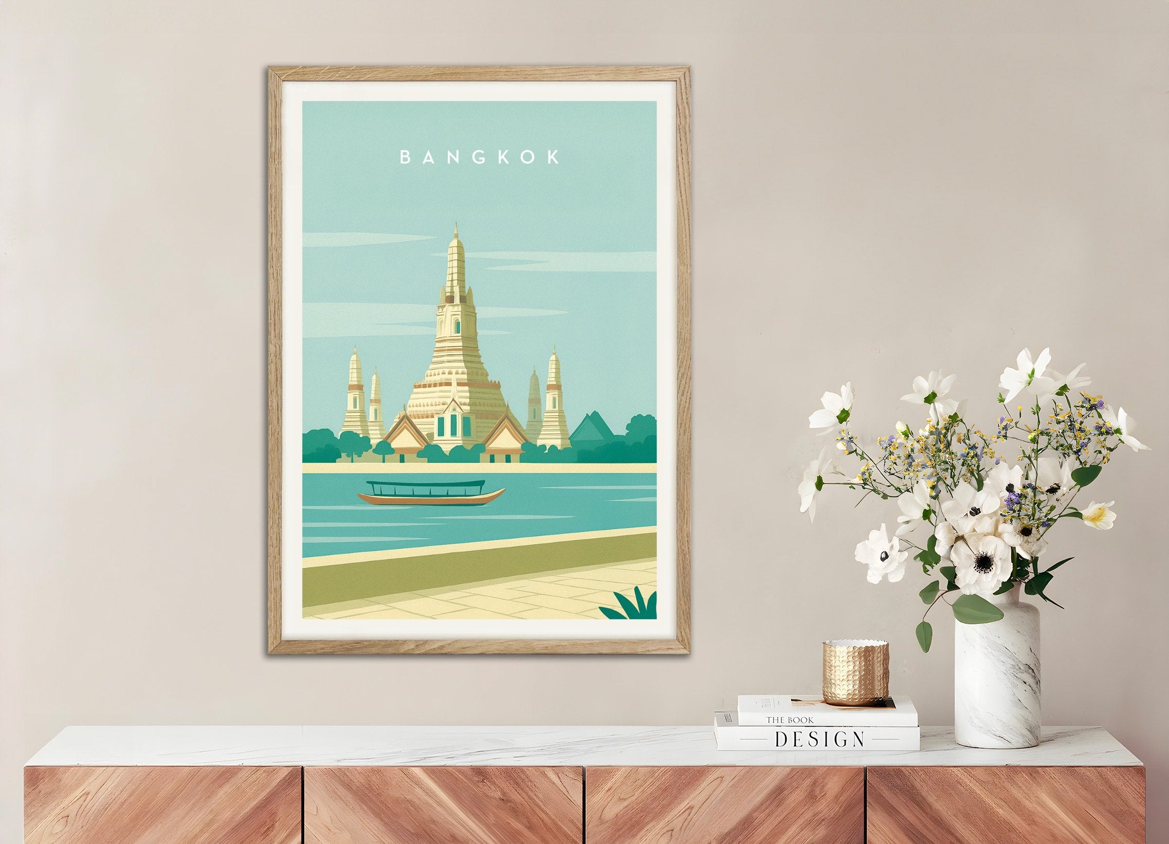 Poster of Bangkok Wall Art Print, with natural wooden frame