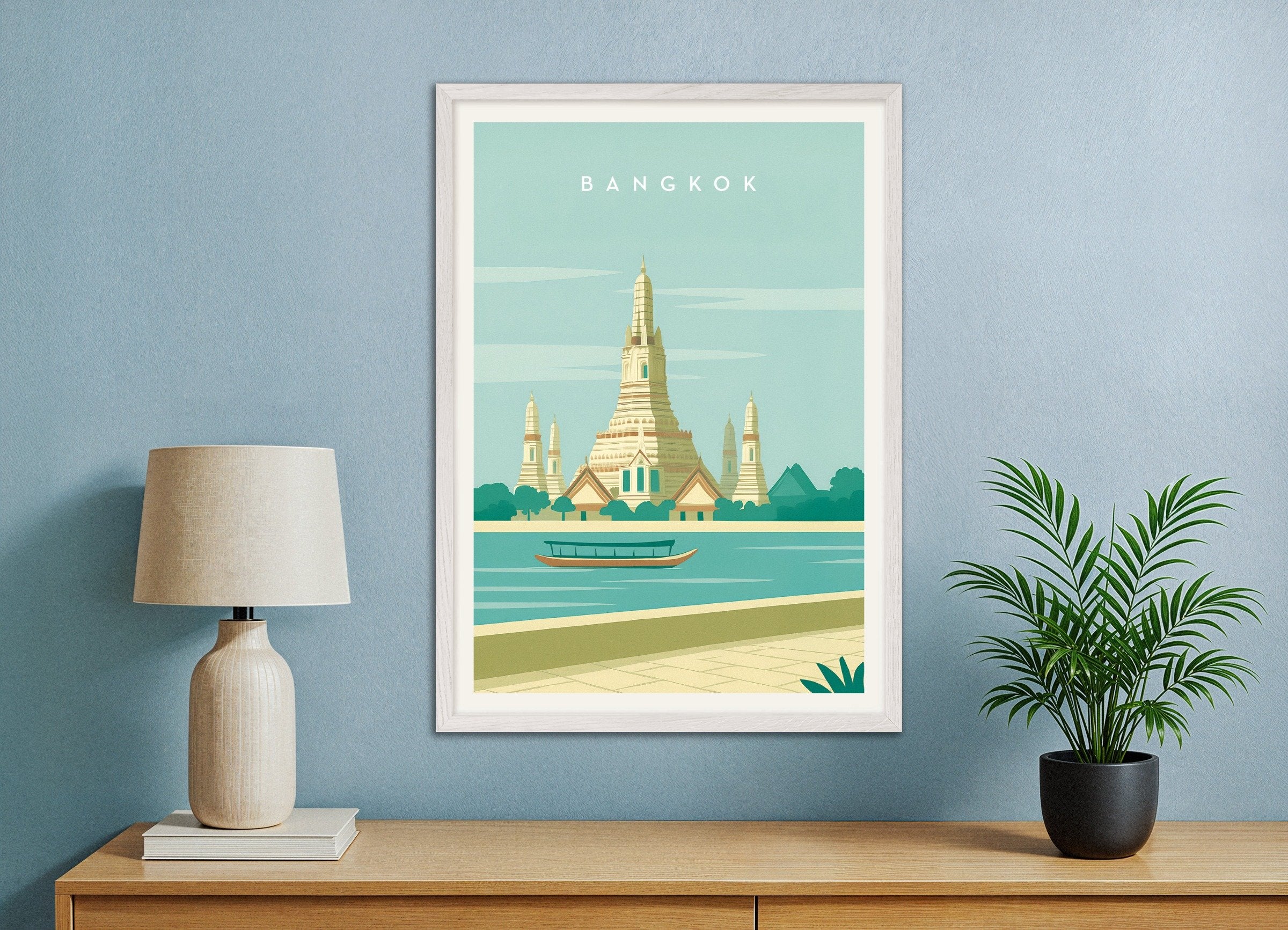Poster of Bangkok Wall Art Print, with white wooden frame