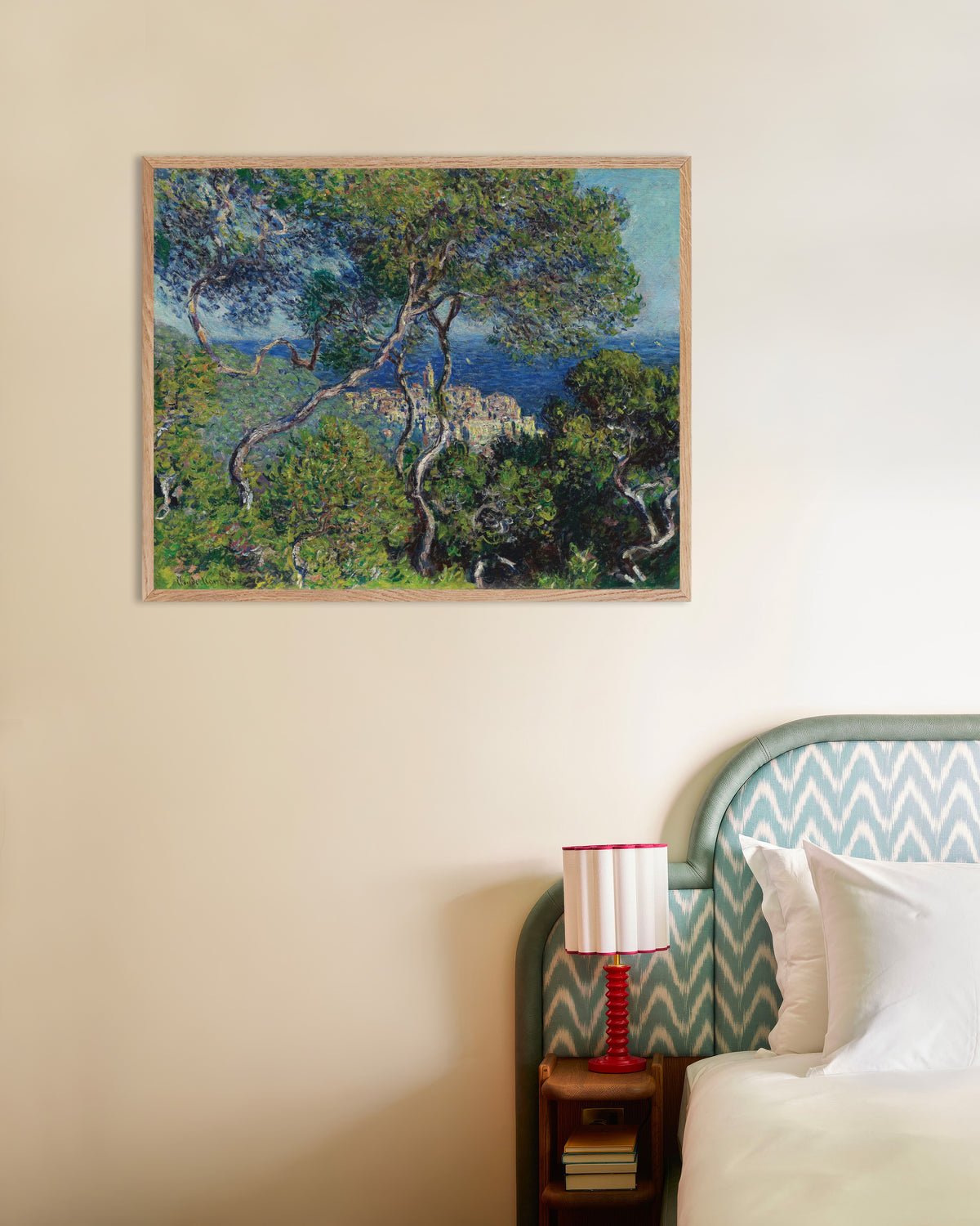 Poster Bordighera (1884) von Claude Monet mit naturfarbenem Holzrahmen