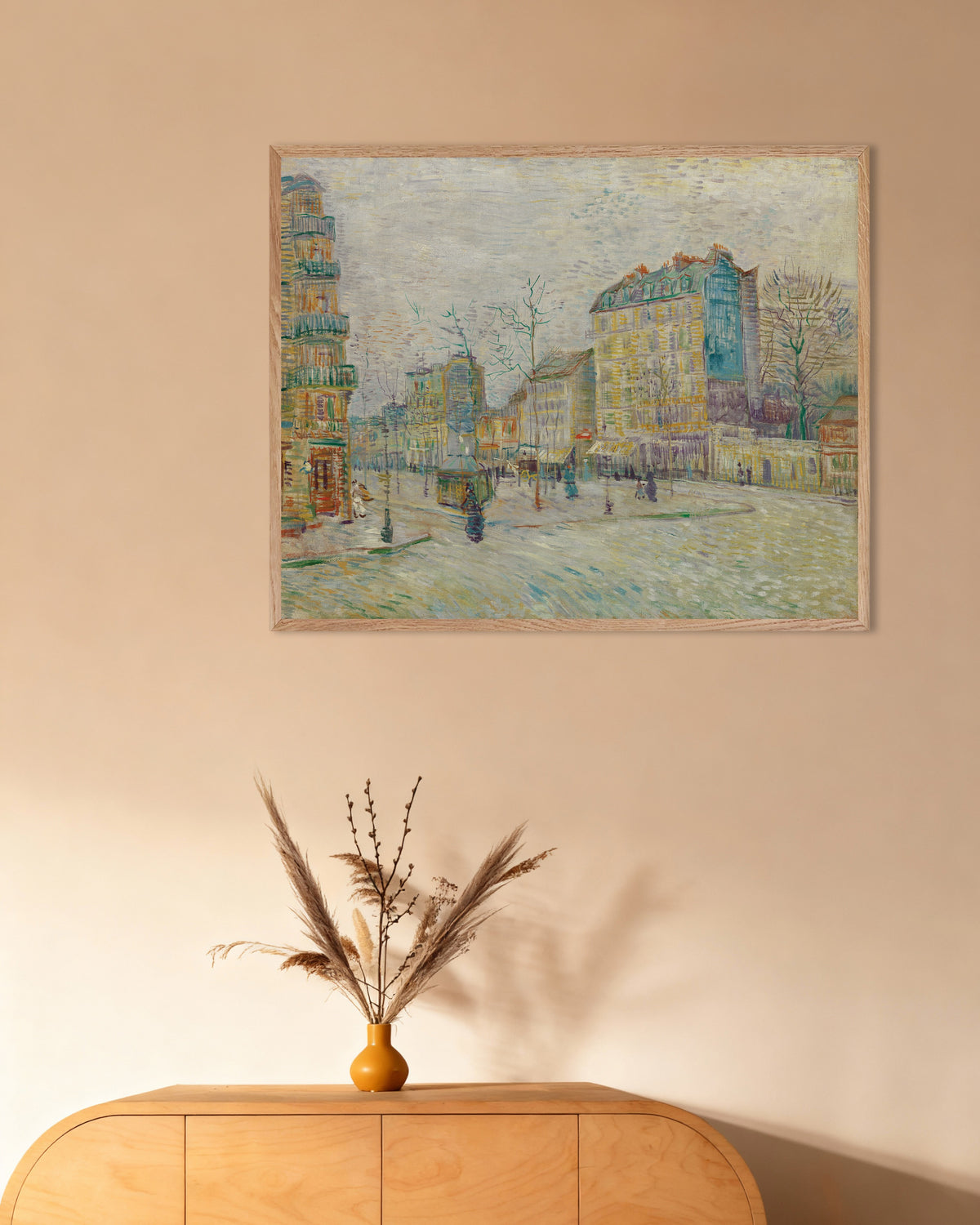 Poster mit Boulevard de Clichy (1887) von Vincent van Gogh, mit naturbelassenem Holzrahmen